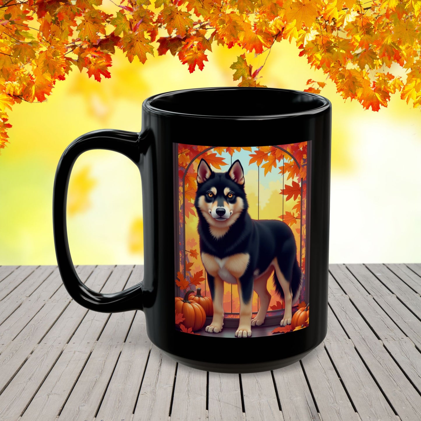 Black & Tan Husky (Amber Eyes) autumn coffee mug, personalized dog lover gift for fall and cozy drinks