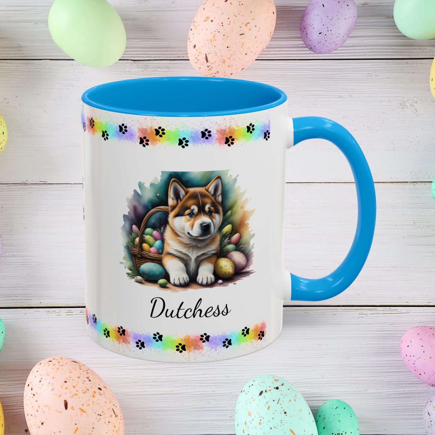 Akita personalized Easter puppy mug, cute dog coffee cup gift for mental health awareness and cozy sipping