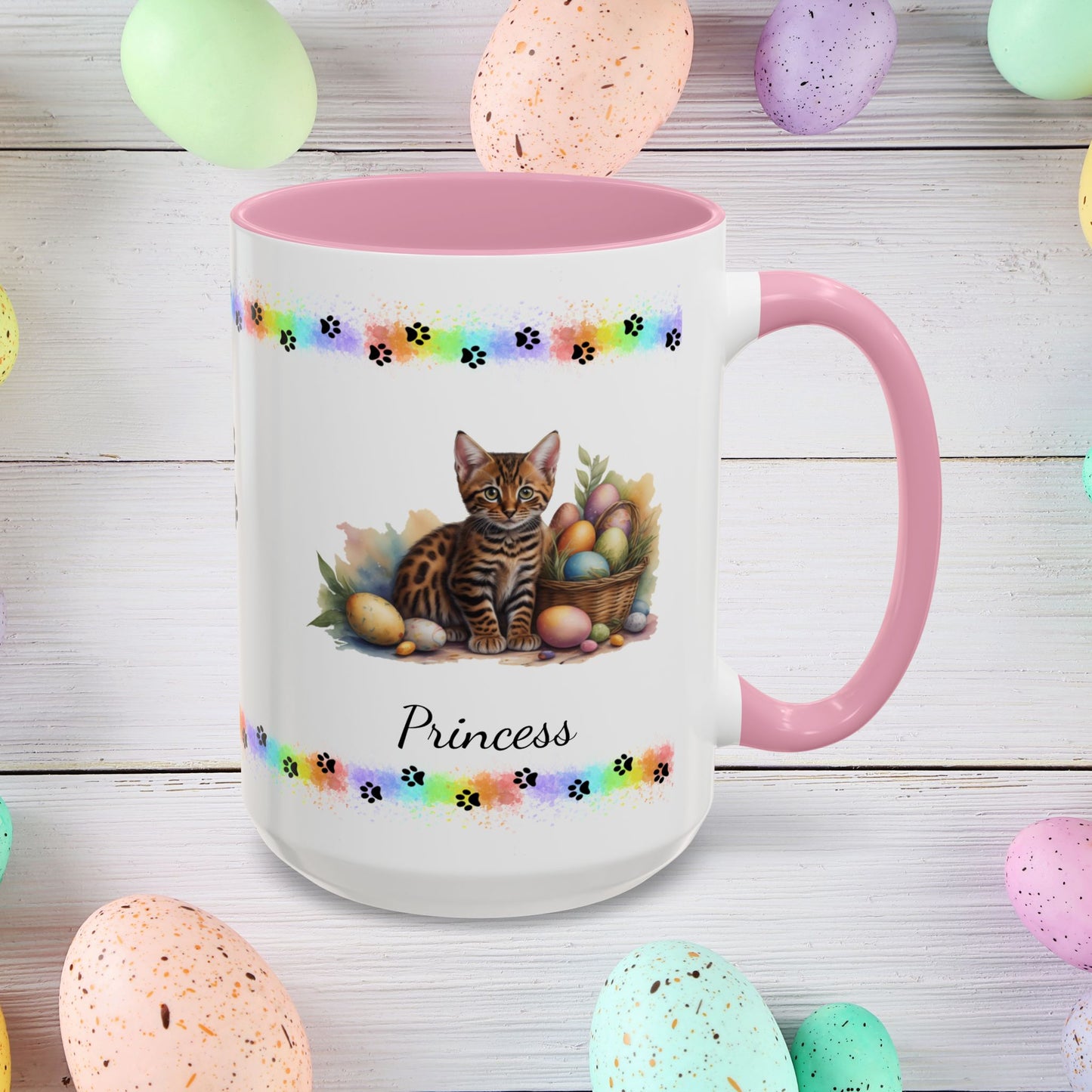 Bengal personalized Easter coffee mug, adorable kitten design, cute cat gift for mental health awareness and comfort