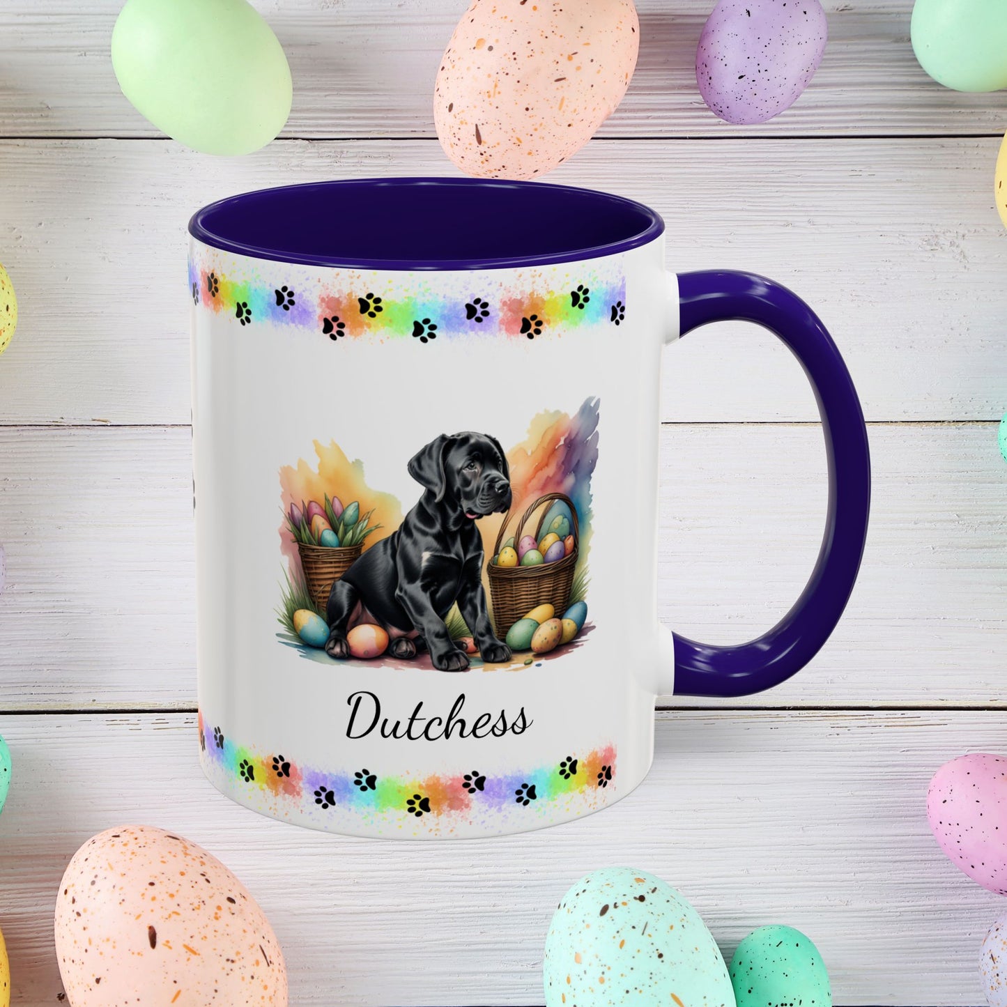 Great Dane Black Easter puppy coffee mug, personalized cute dog gift for mental health support and cozy sipping