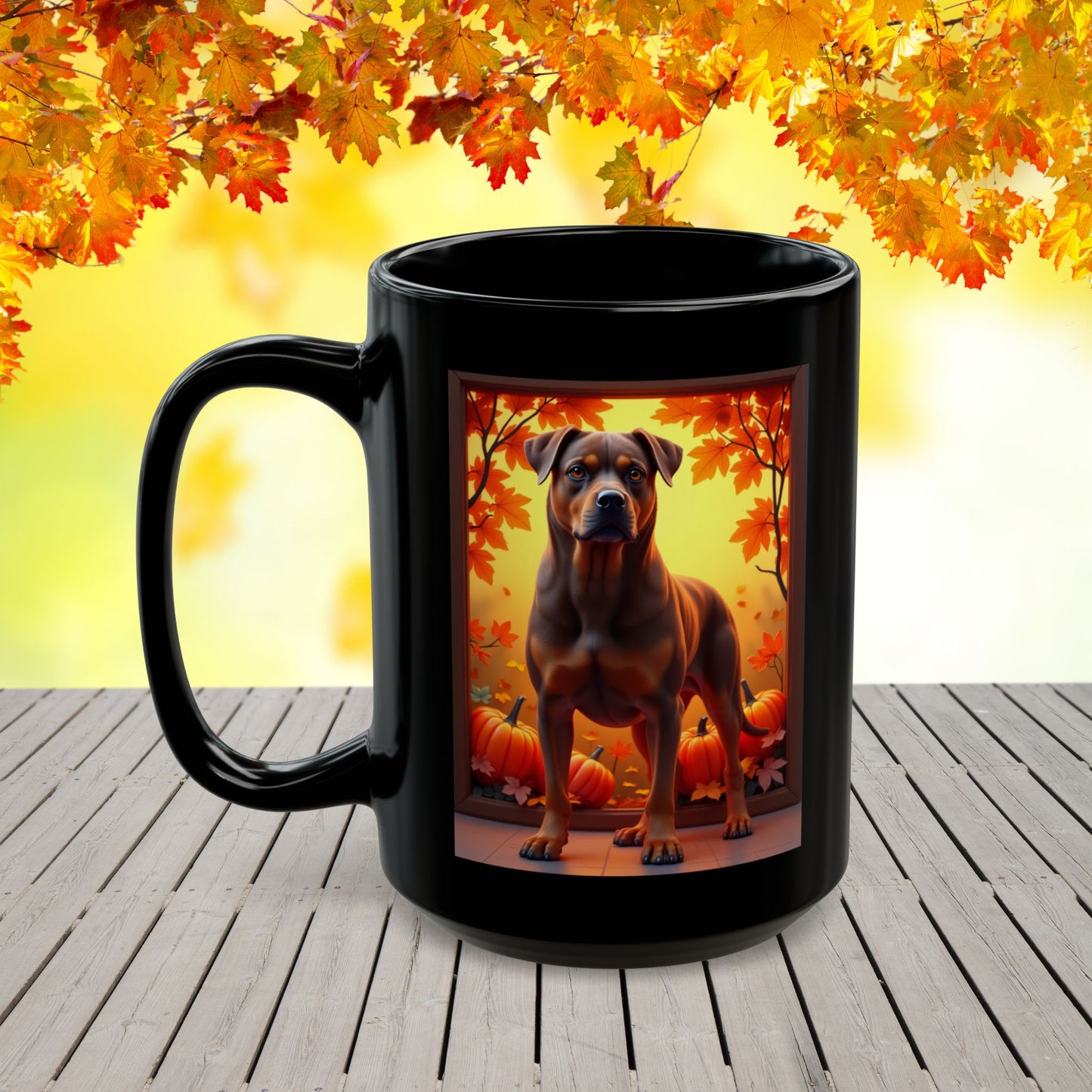 Chocolate and tan Rottweiler dog in fall leaves on a custom black mug.