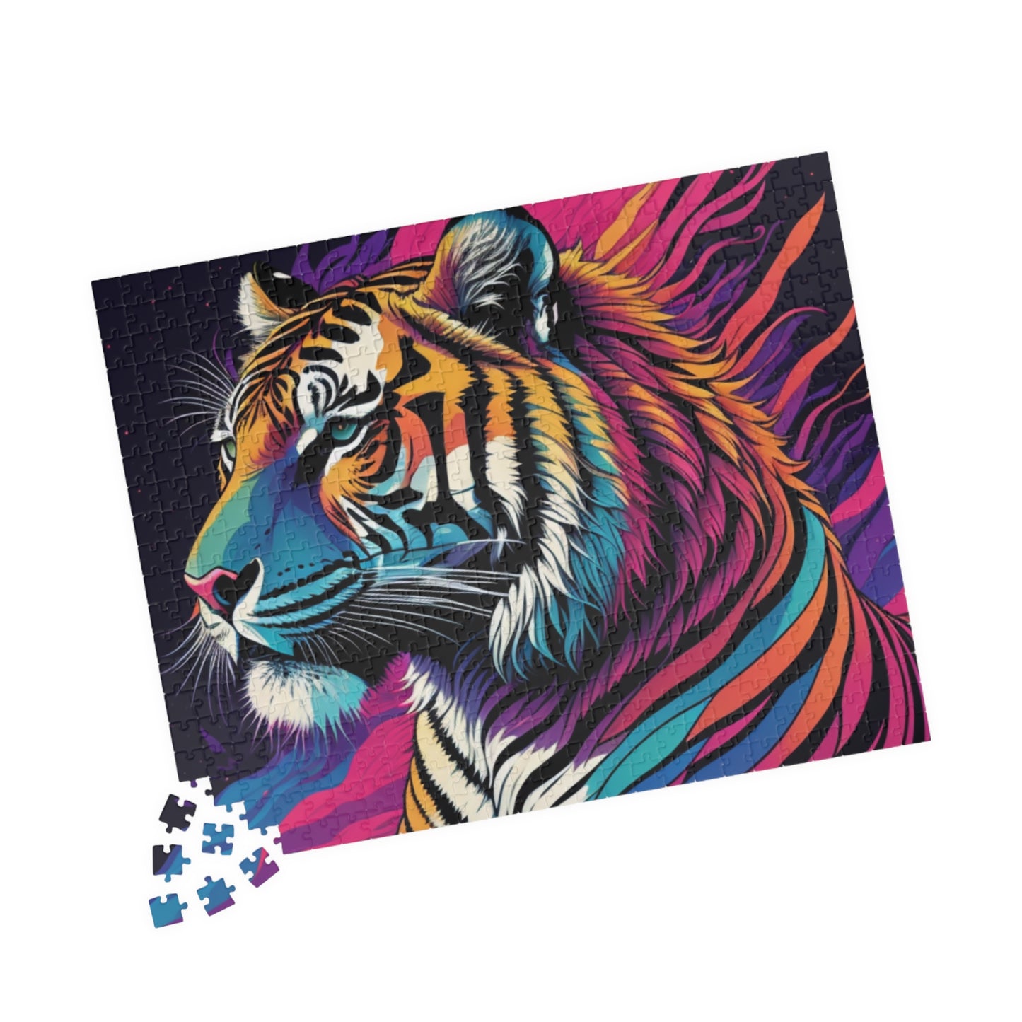 Serene tiger with a thoughtful gaze, featured in a puzzle celebrating quiet strength and balance