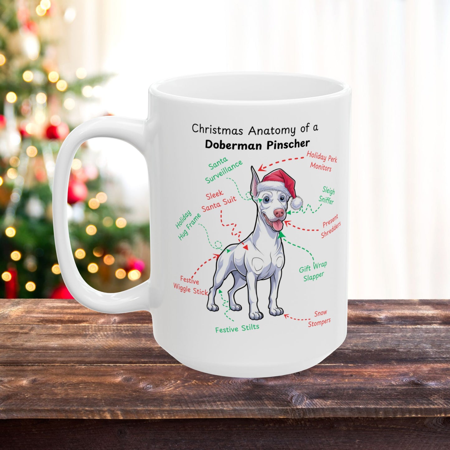 White Doberman Christmas dog anatomy mug, custom holiday cup for breed enthusiasts