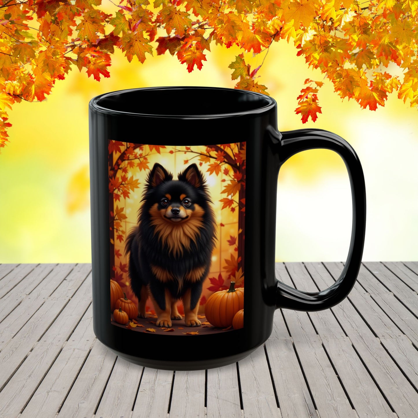 Black & Tan Pomeranian autumn coffee mug, personalized dog lover gift for cozy fall sipping