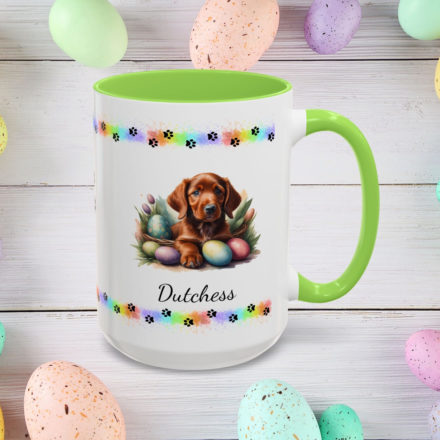 Irish Setter Easter puppy coffee mug, personalized cute dog gift for mental health support and cozy mornings