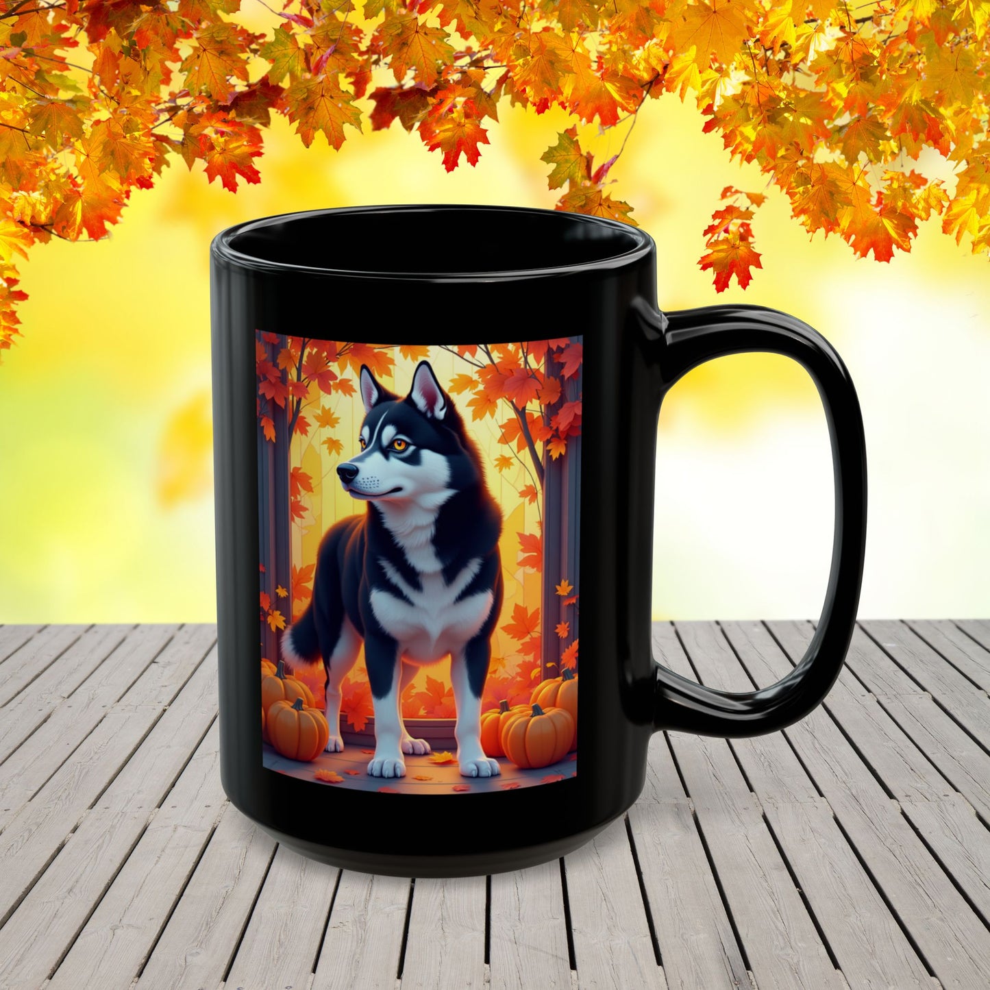 Black & White Husky (Amber Eyes) autumn mug, personalized dog owner gift for cozy fall coffee or tea