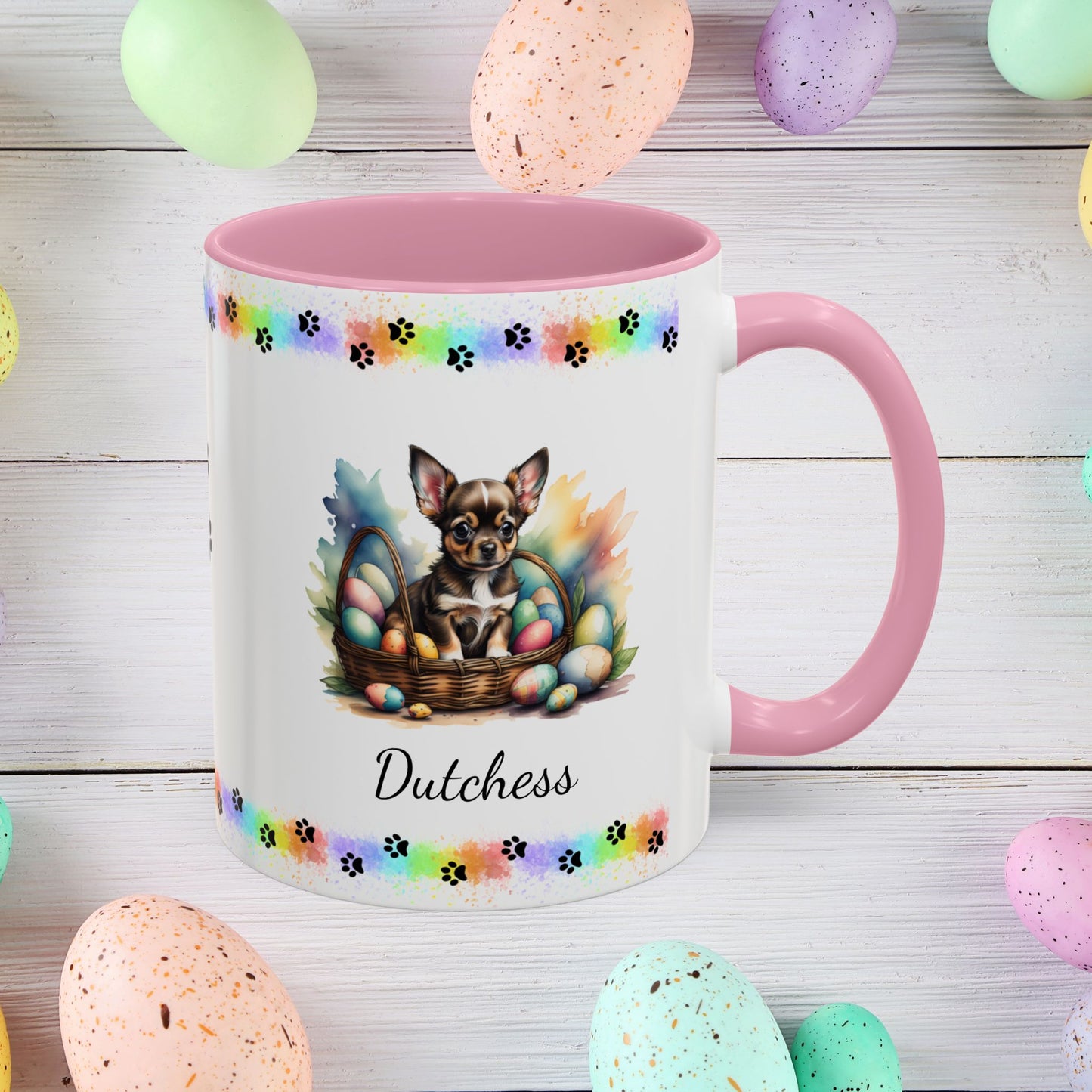 Chihuahua (Black Tri): Personalized Easter Puppy Coffee Mug - Adorable Dog Design, Mental Health Gift, 11oz & 15oz, 12 Color Choices, Easter Gifts & Décor