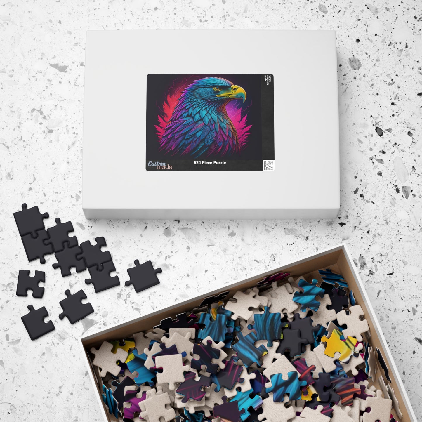 Triumphant Talons - Blacklight Neon Eagle Head Puzzle with Teal and Purple Feathers on Deep Black
