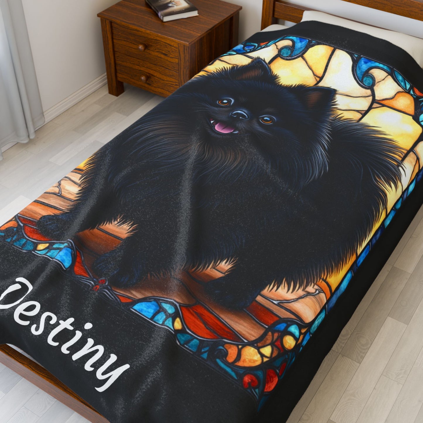 Pomeranian Black Coat Blanket, Velveteen Plush Stained Glass Dog Throw, Custom Gift for Humans
