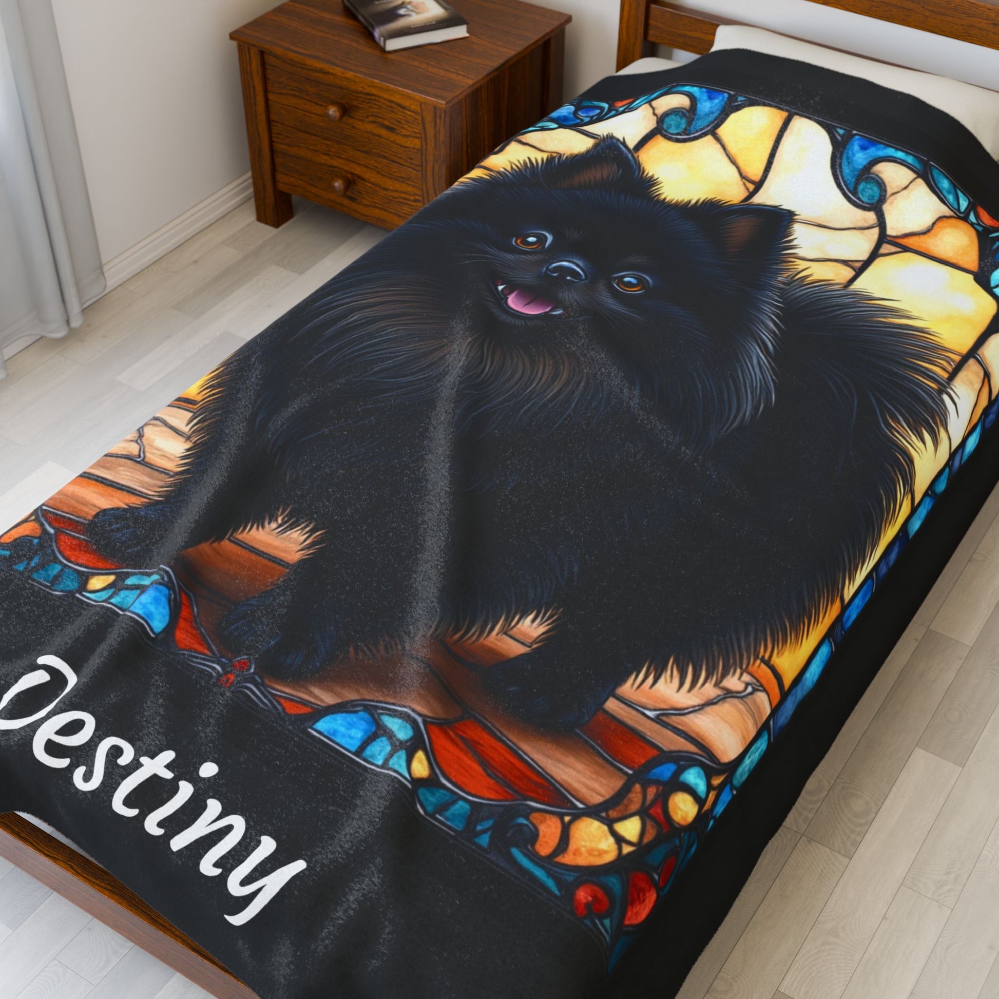 Pomeranian Black Coat Blanket, Velveteen Plush Stained Glass Dog Throw, Custom Gift for Humans