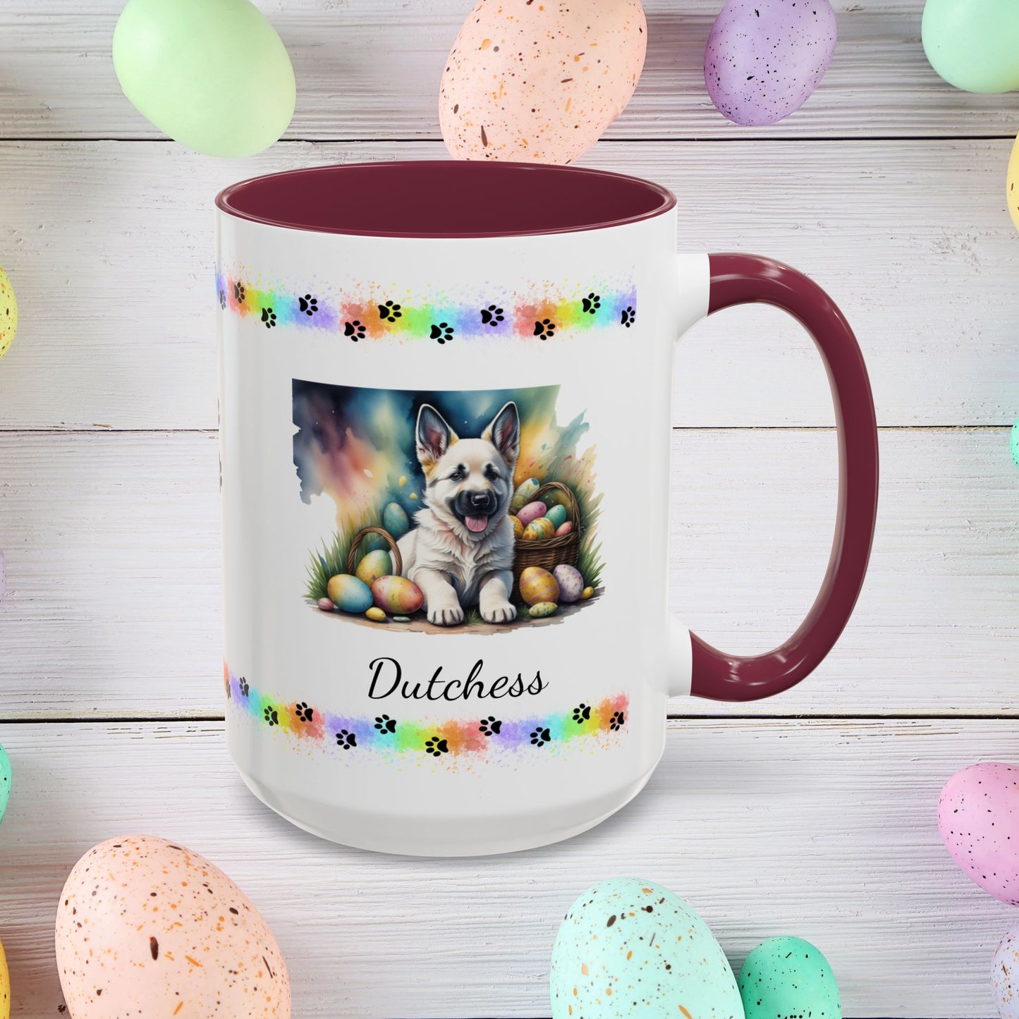German Shepherd White Easter puppy coffee mug, personalized cute dog gift for mental health awareness and cozy sipping