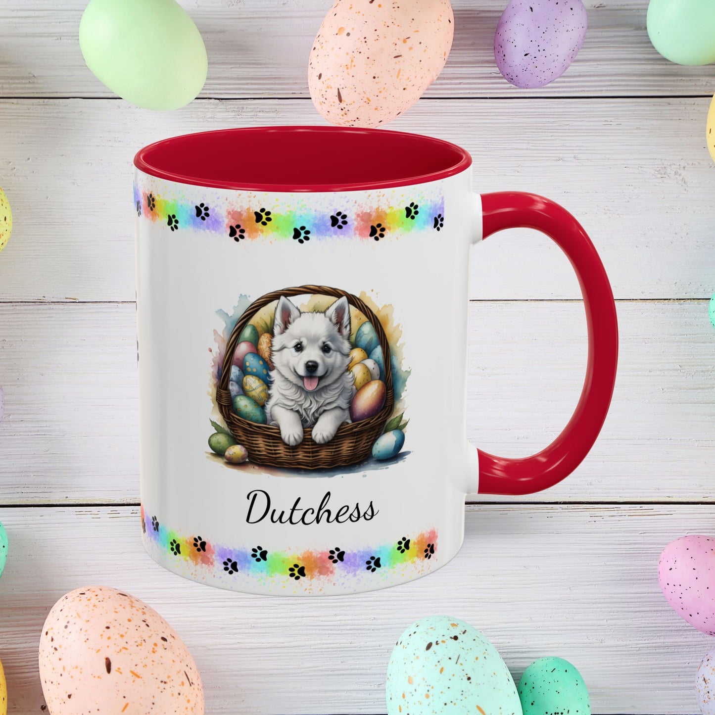 American Eskimo personalized Easter puppy mug, cute dog coffee cup, mental health awareness gift for dog lovers