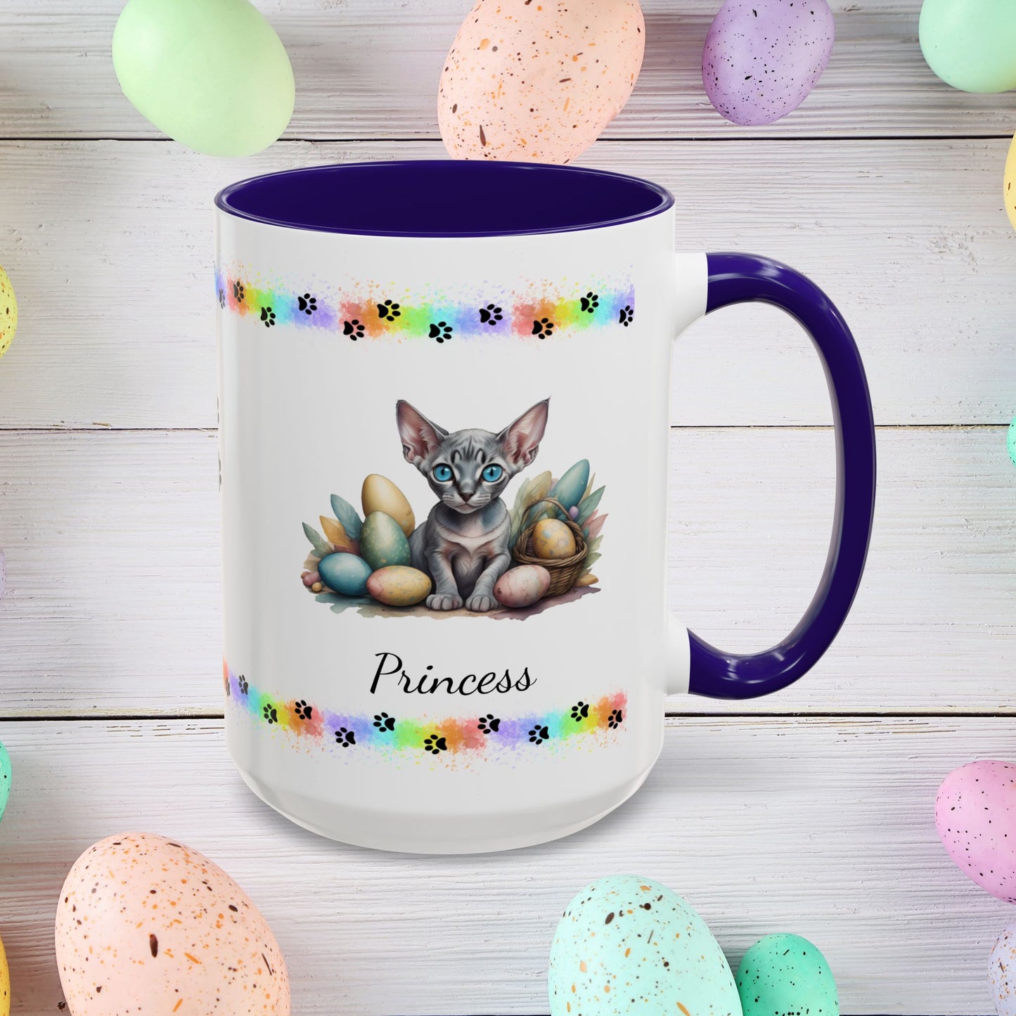 Sphynx personalized Easter coffee mug, adorable kitten design, cute cat gift for mental health support