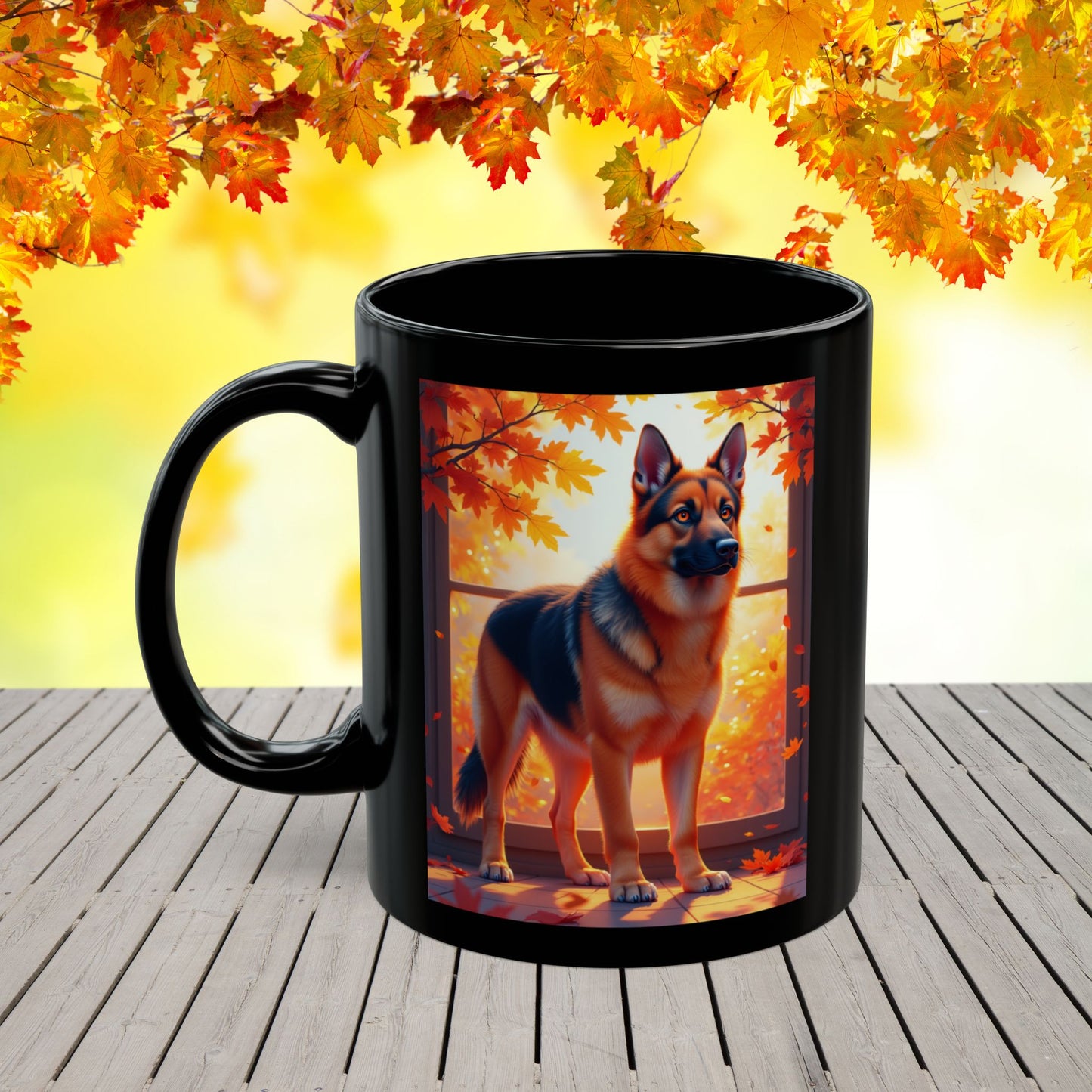Black & Red German Shepherd Autumn Custom Mug - Personalized Fall Dog Coffee Cup for Home or Office