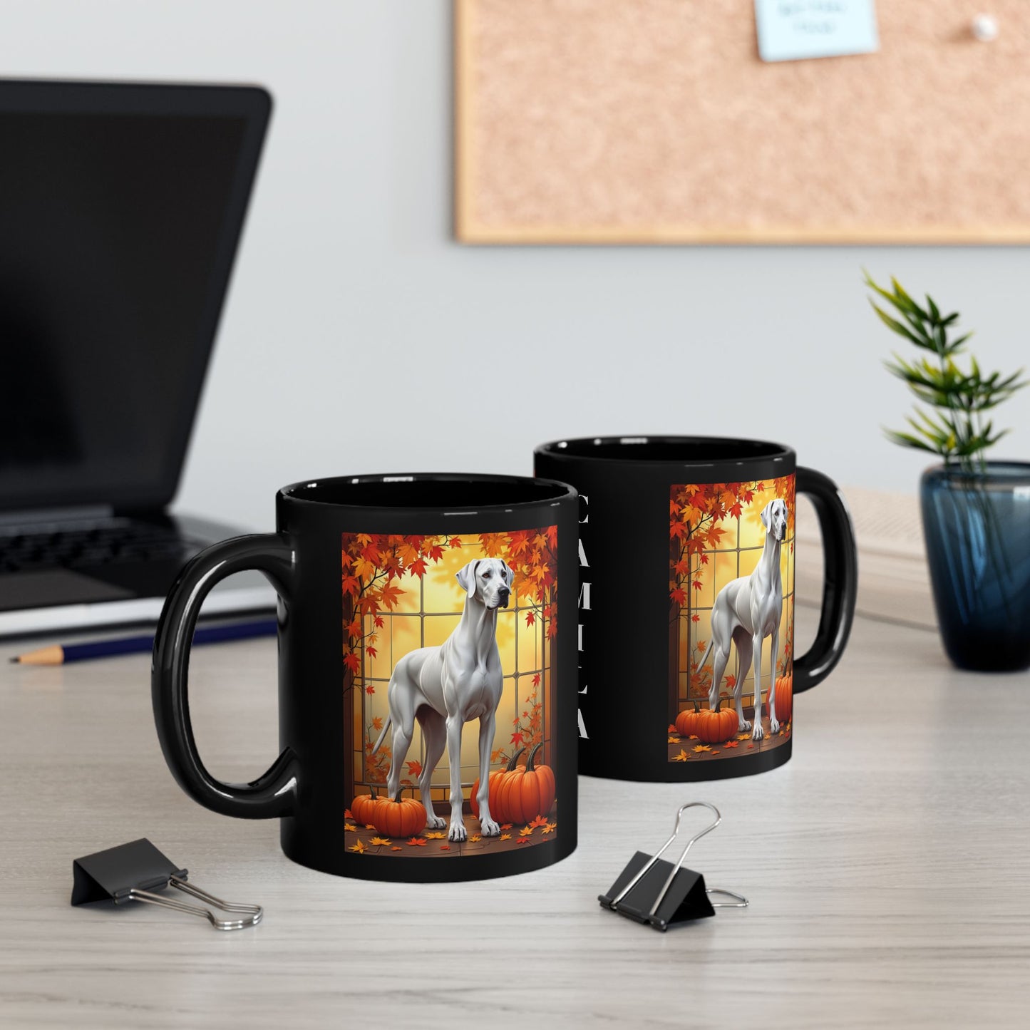 Great Dane White - Autumn coffee mug, custom dog lover cup, Great Dane gift for owners