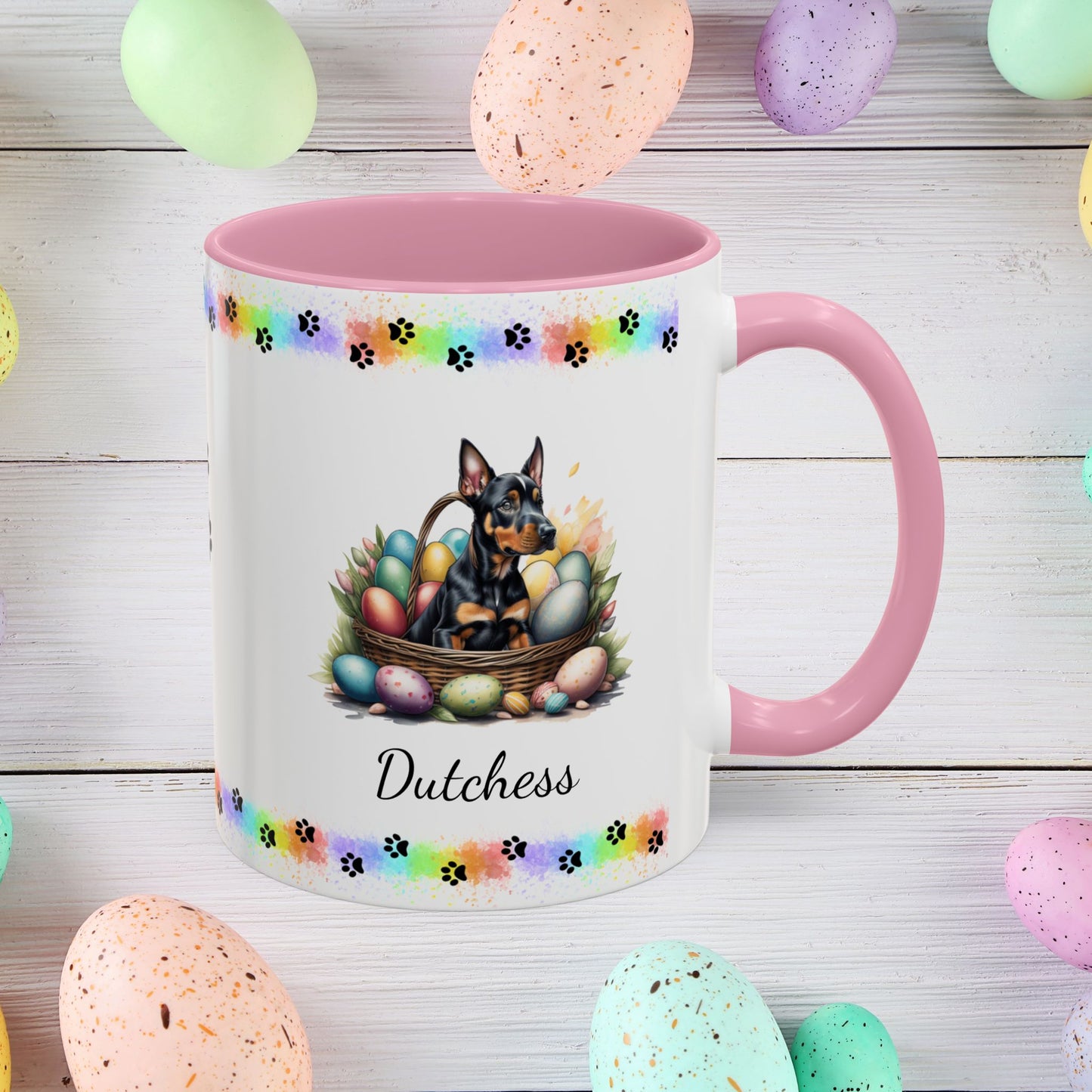 Doberman personalized Easter puppy mug, cute dog coffee cup gift for mental health awareness and comfort
