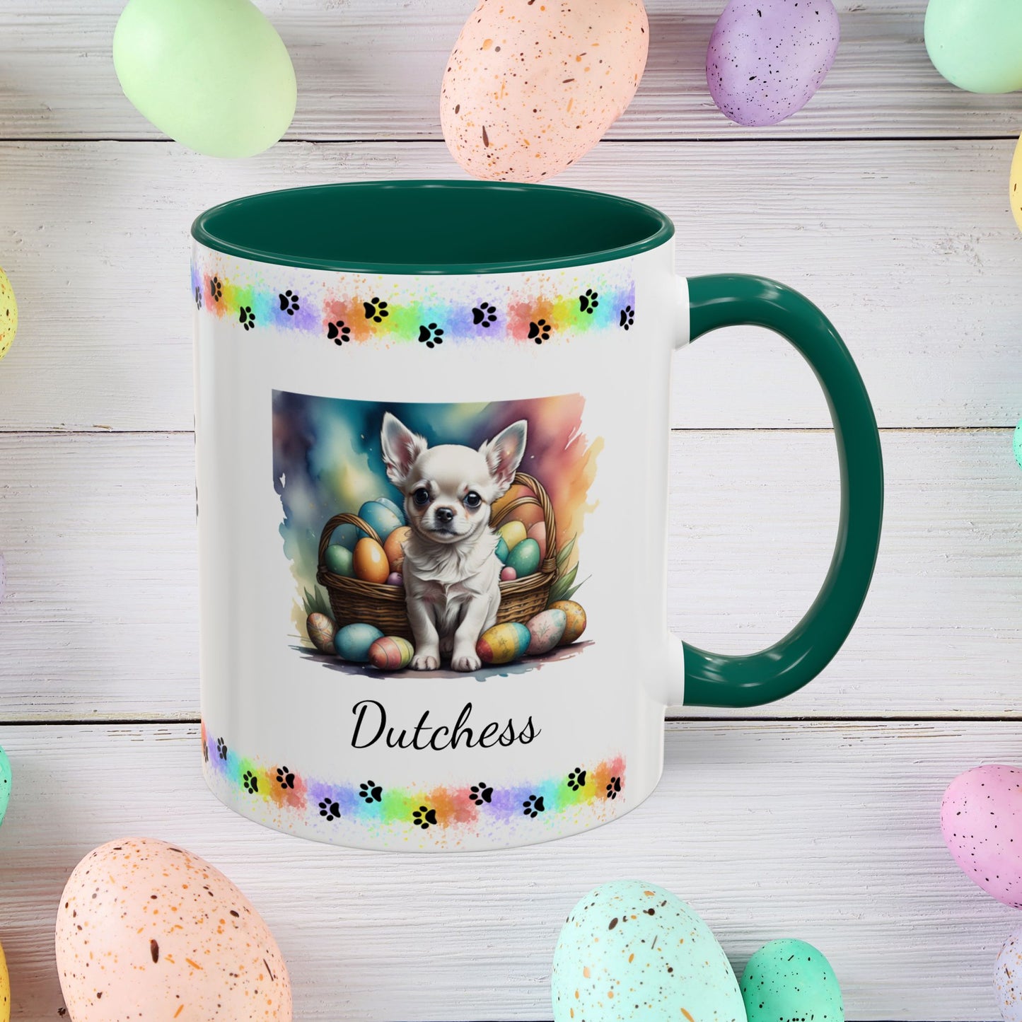 Chihuahua White personalized Easter puppy mug, cute dog coffee cup, mental health awareness gift for dog lovers