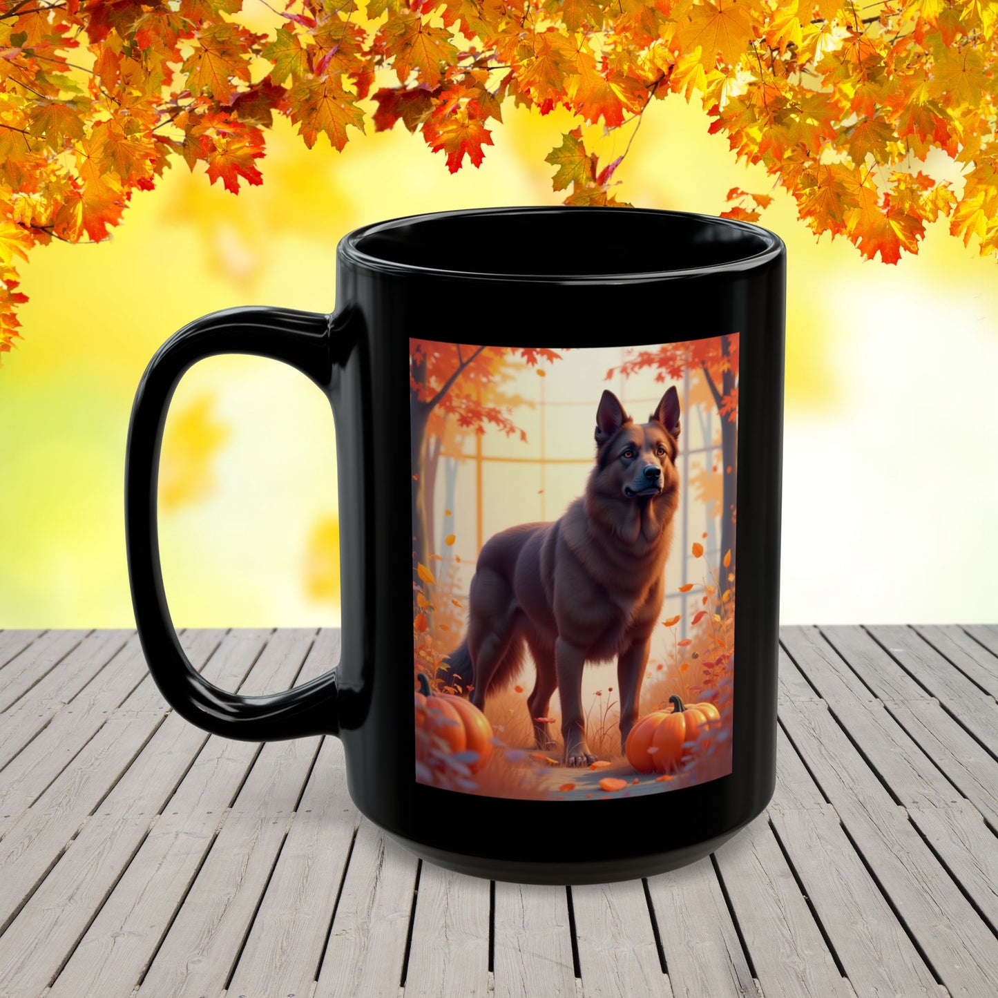 German Shepherd Liver - Autumn personalized mug, custom dog lover coffee cup for GSD enthusiasts