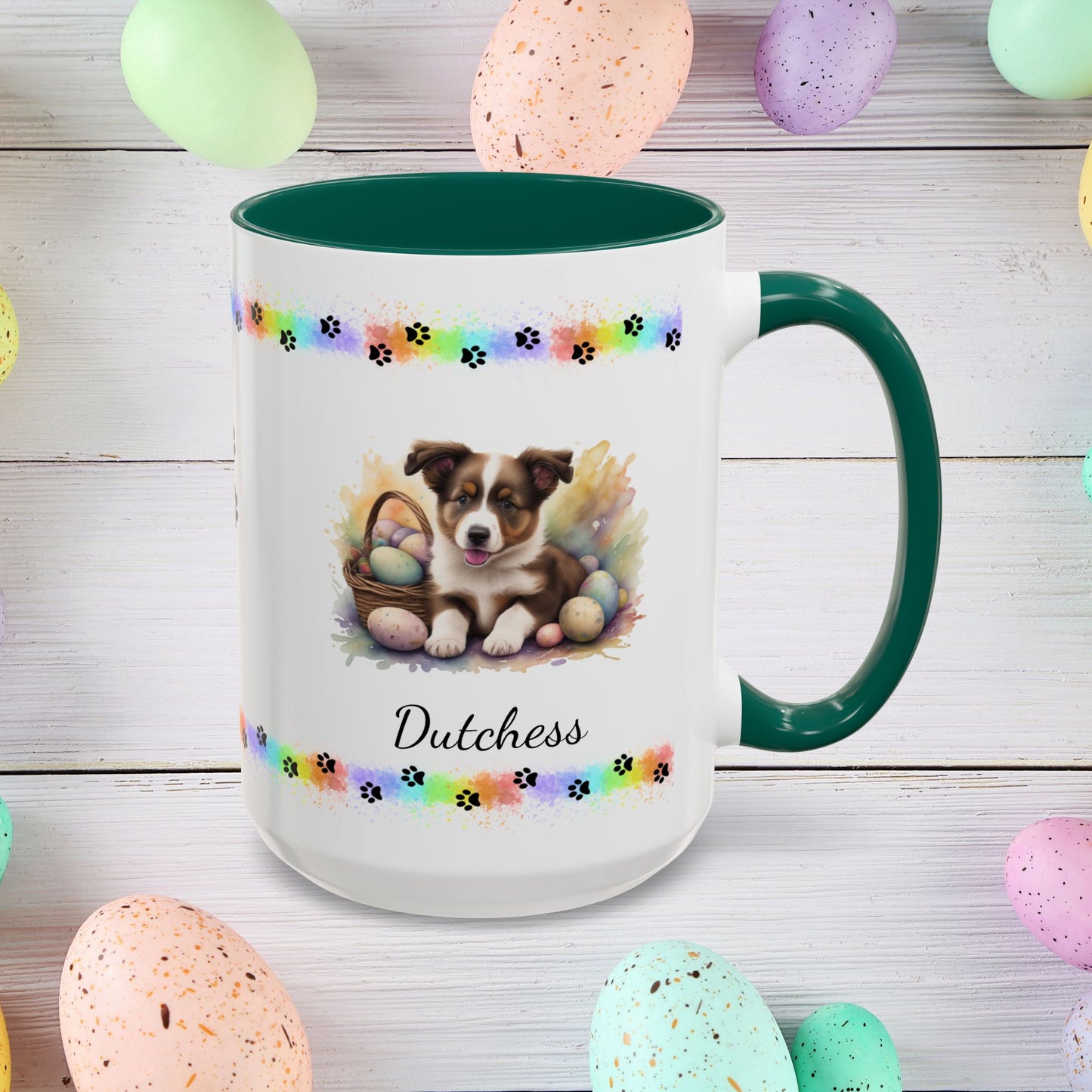 Border Collie Brown & White personalized Easter puppy mug, cute dog coffee cup, mental health awareness gift