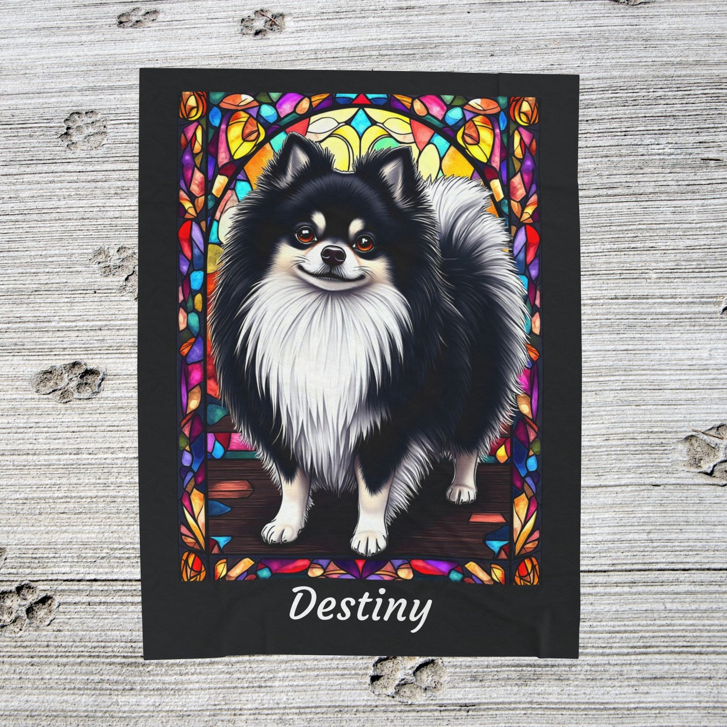 Pomeranian Black & White Coat Blanket, Velveteen Plush Stained Glass Dog Throw, Pet Lover Gift