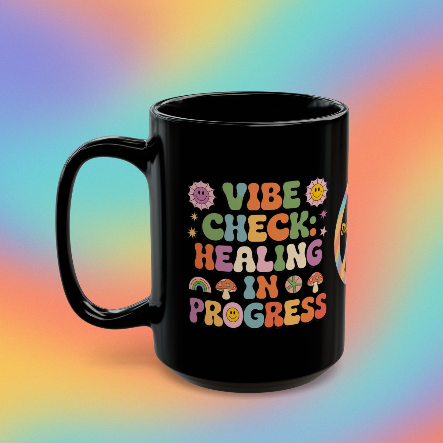 Vibe Check Healing in Progress Retro 70s Mug, Groovy Self-Care Coffee Gift - MySisterIsASurvivor
