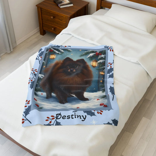 Pomeranian Chocolate custom winter blanket featuring a rich brown Pom in a bright winter lodge scene