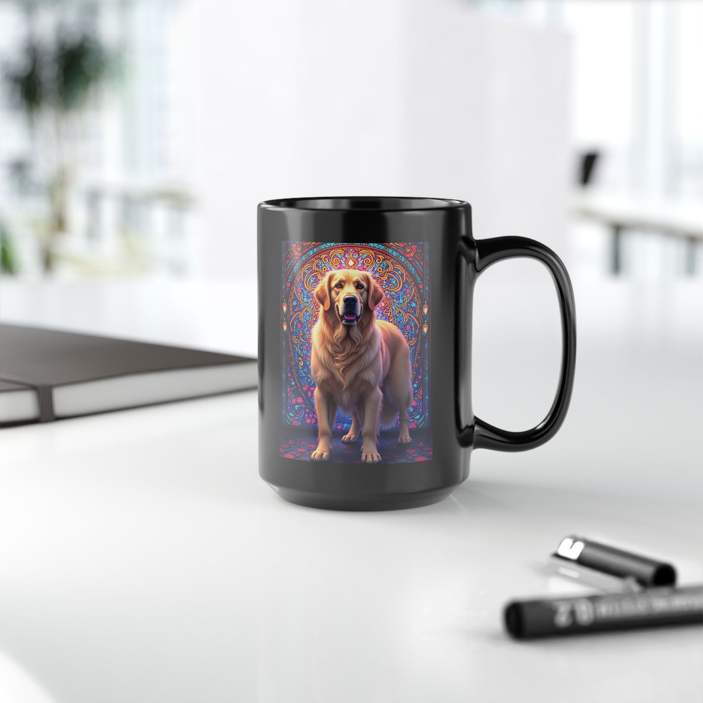 Light Cream Golden Retriever personalized stained glass design mug, custom dog lover gift idea