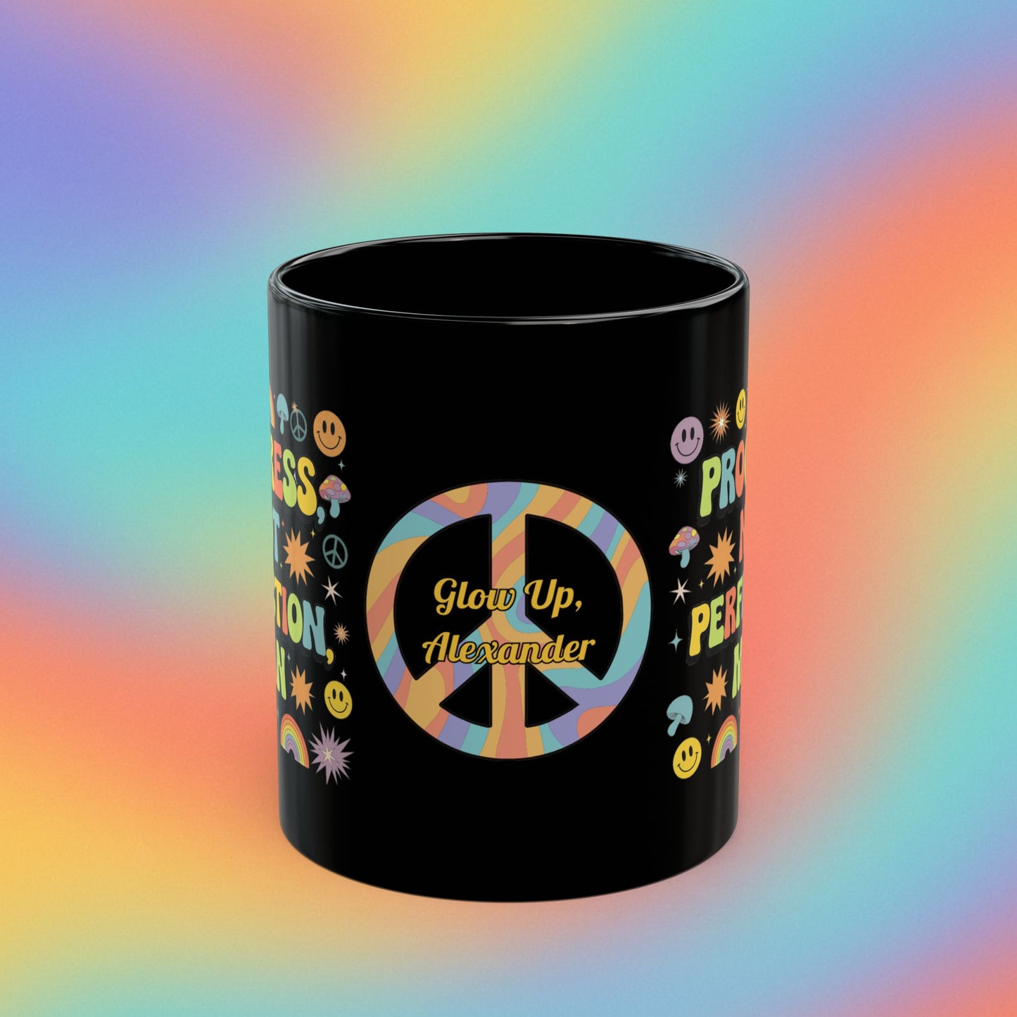Progress Not Perfection man retro mug, 70s self-care coffee cup with inspirational affirmation - MySisterIsASurvivor