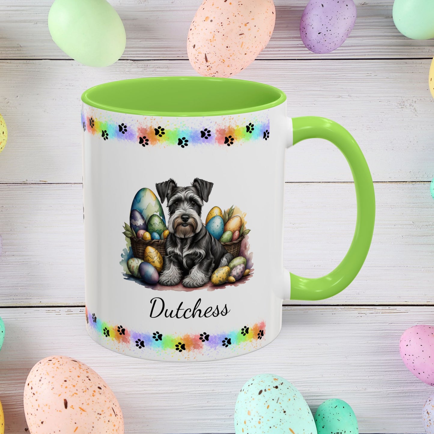 Gray Schnauzer Easter puppy coffee mug personalized for dog moms and dads, perfect for mental health awareness gifts.