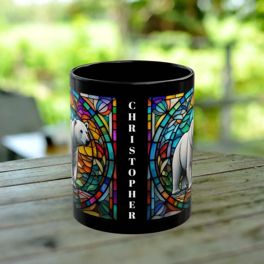 Shop our polar bear stained glass zoo animals ceramic black mug featuring the 15oz style option from MySisterIsASurvivor.