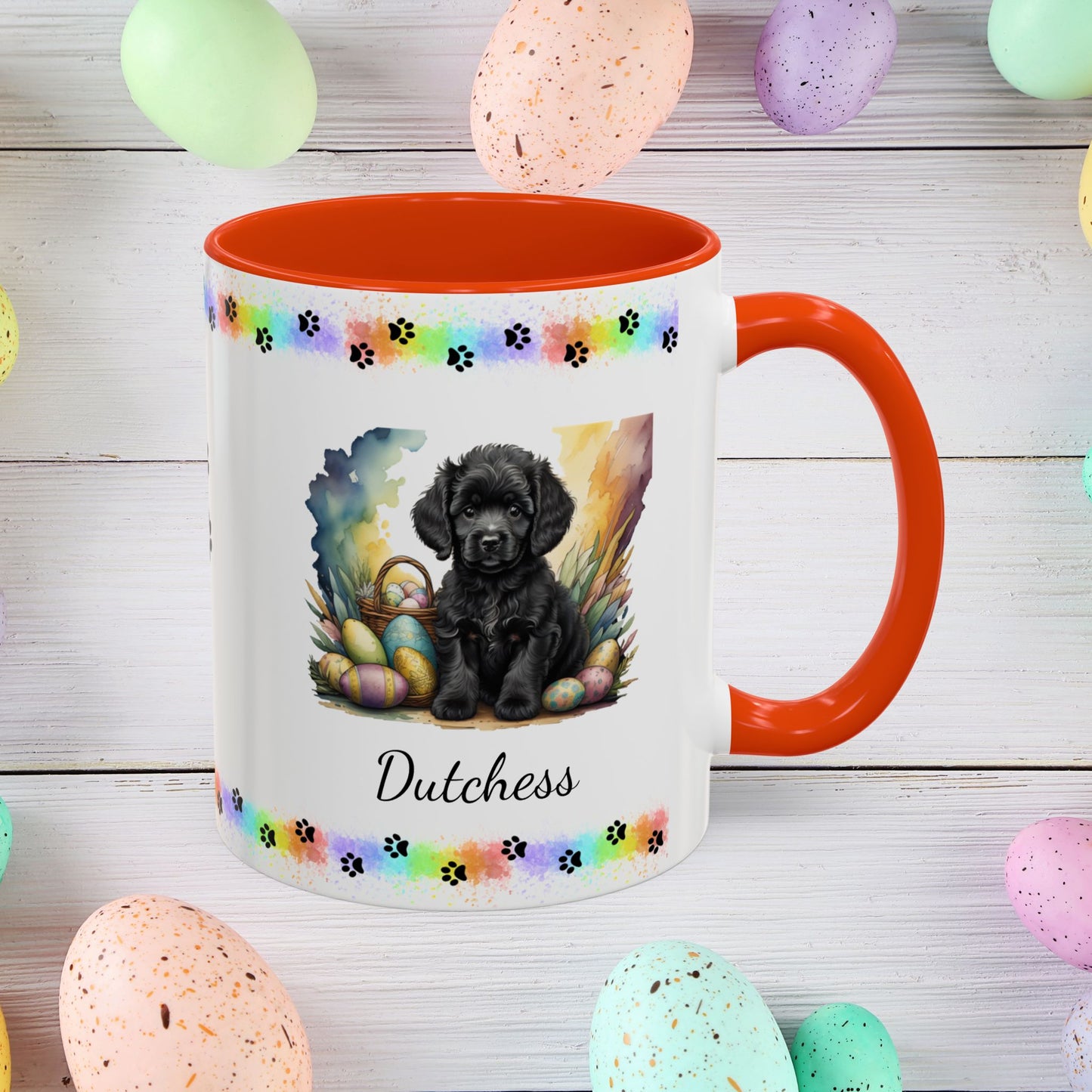 Adorable black Poodle Easter puppy coffee mug personalized dog gift, perfect for mental health awareness and spring joy.