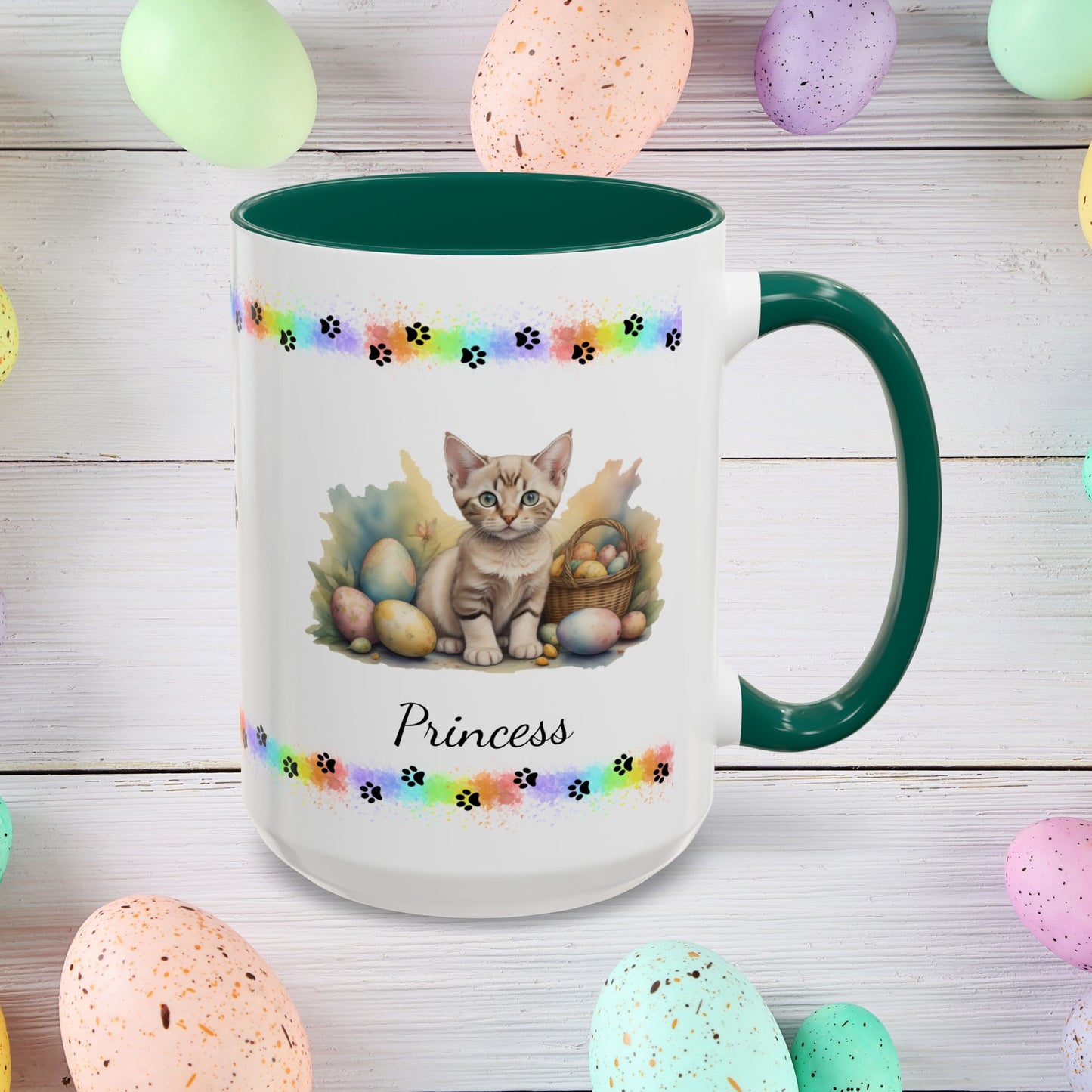 Devon Rex personalized Easter coffee mug, cute kitten design, mental health awareness gift for cat lovers