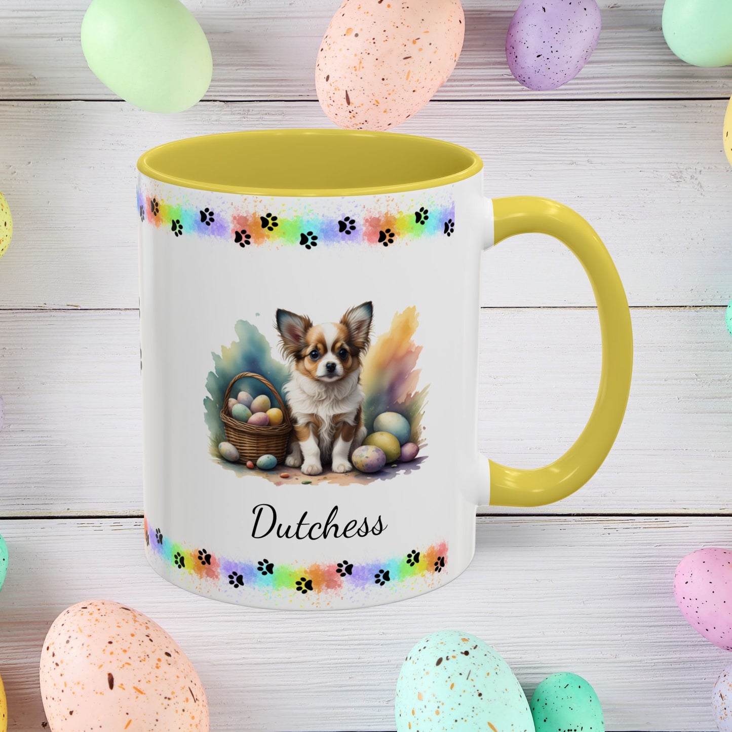 Papillon Brown & White Easter puppy coffee mug, personalized cute dog gift for mental health awareness and comfort