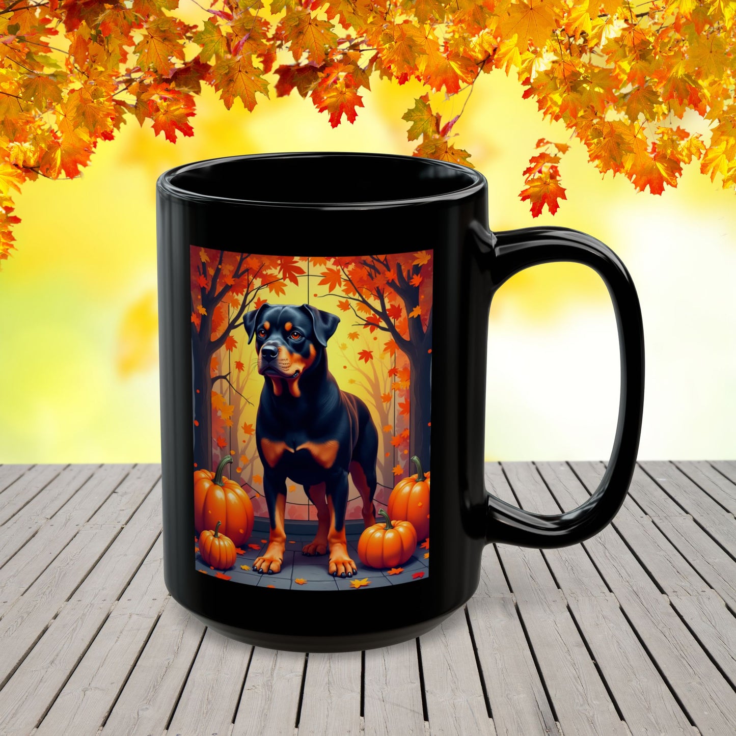Black and Tan Rottweiler personalized mug, fall-themed coffee cup for dog lovers, cozy autumn drinkware gift