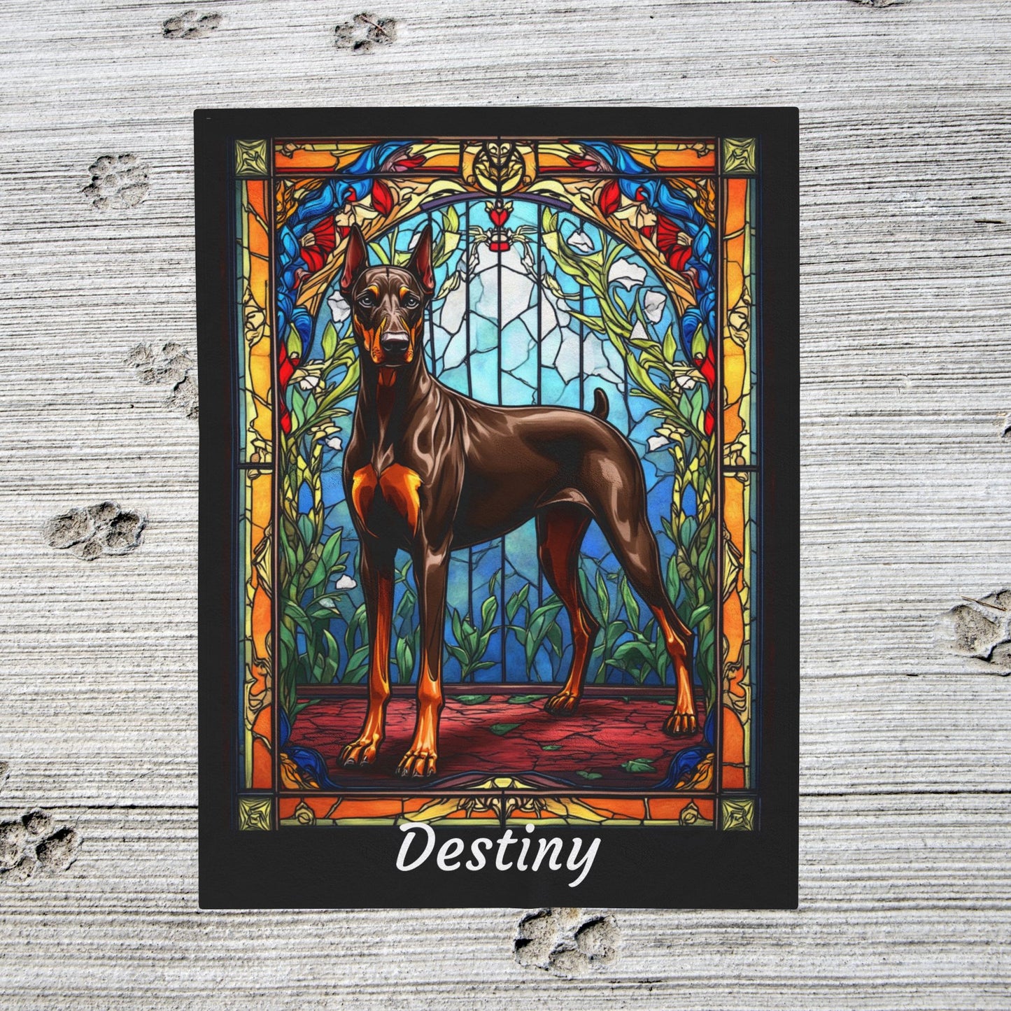 Doberman red and rust velveteen blanket, stained glass dog throw, personalized pet lover gift - MySisterIsASurvivor