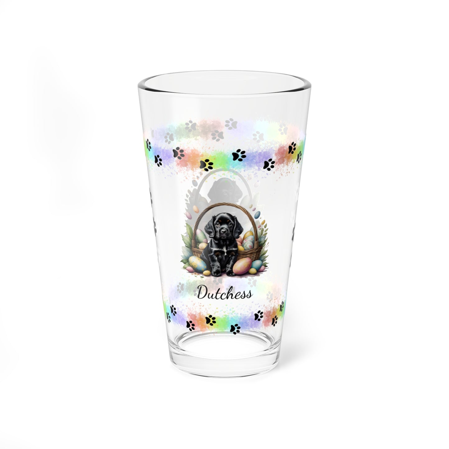 Cocker Spaniel (Black) Personalized Easter Puppy 16oz Pint Glass - Custom Dog Design, Mental Health Gift, Easter Décor, and Festive Celebrations