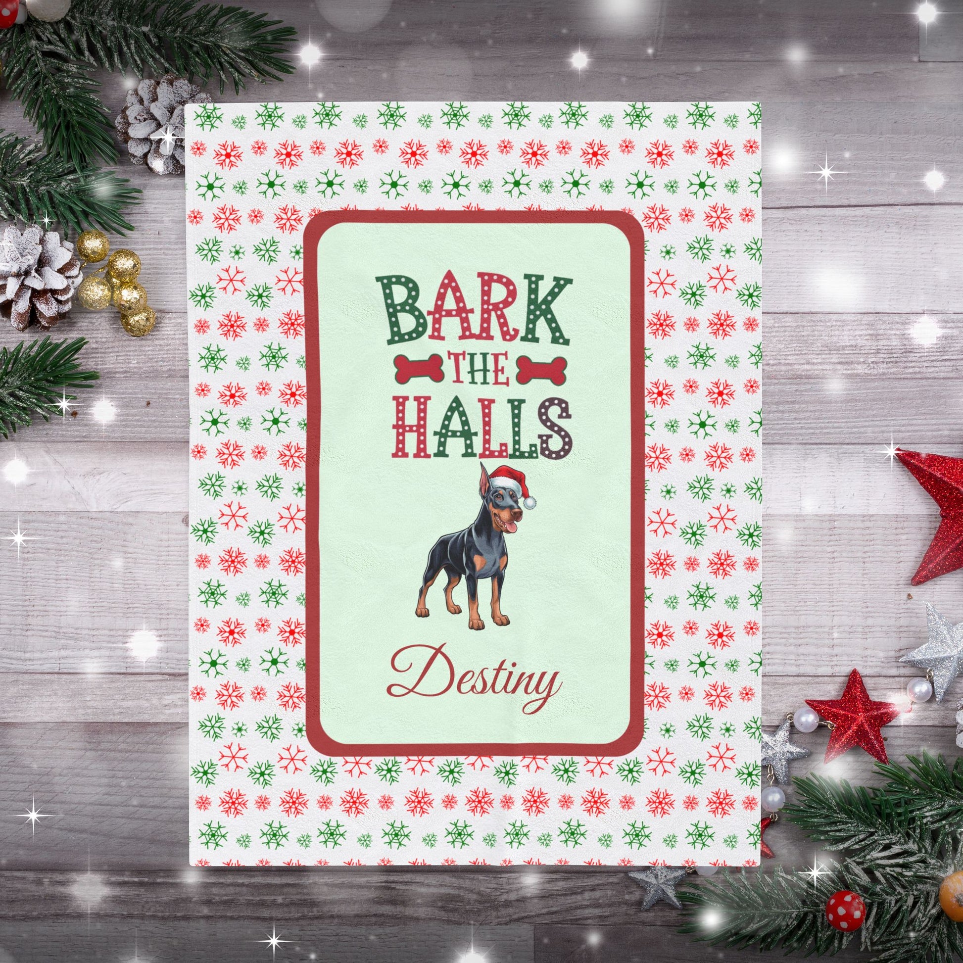 Doberman Pinscher Blue and Rust custom velveteen dog blanket Bark The Halls festive Christmas throw for pet lovers
