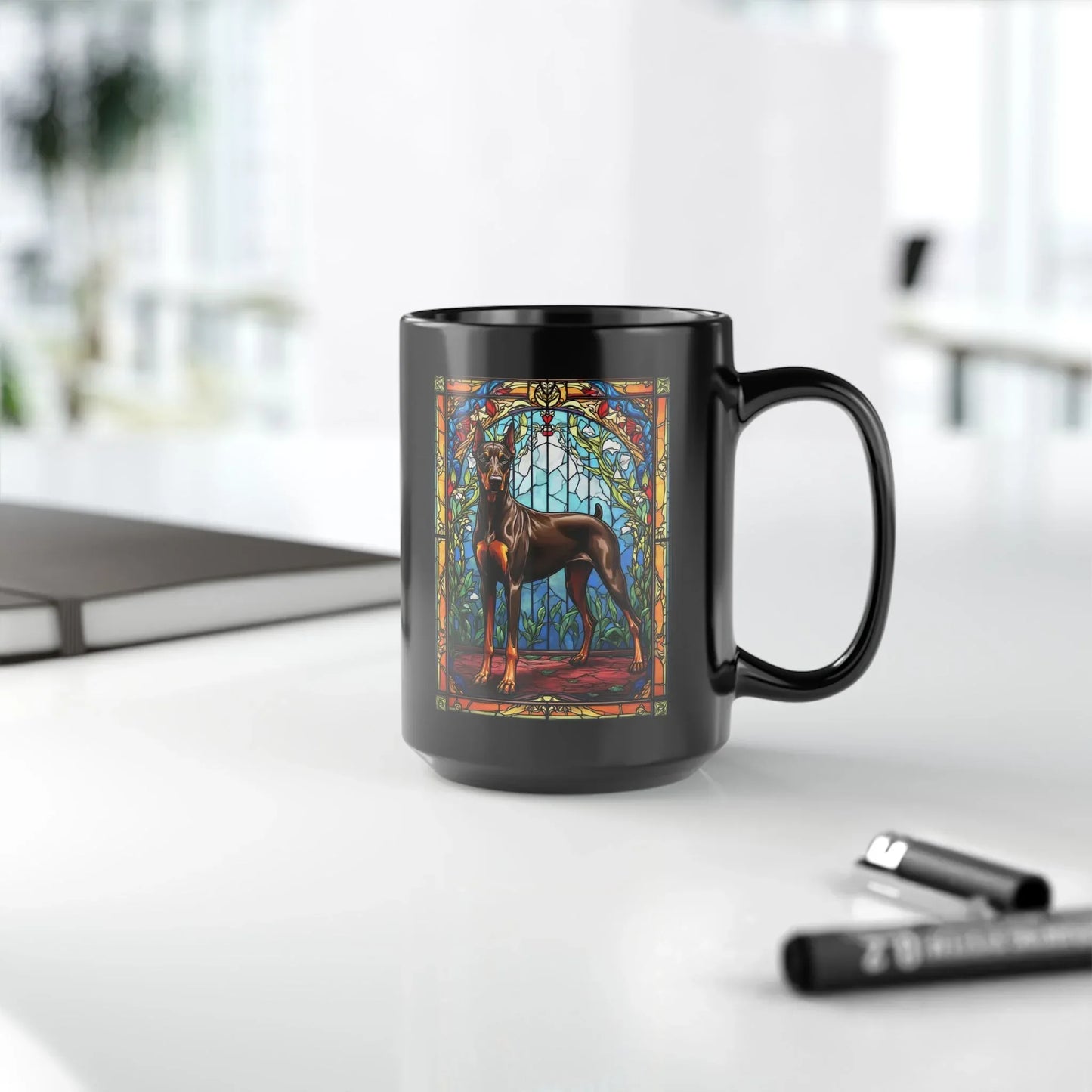 Shop our premium doberman pinscher red rust personalized mug with stained glass design 11oz 15oz from MySisterIsASurvivor.