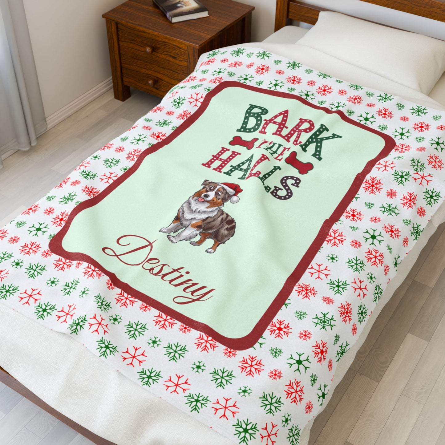 Australian Shepherd Red Merle personalized velveteen dog blanket Bark The Halls festive Christmas throw for Aussie lovers