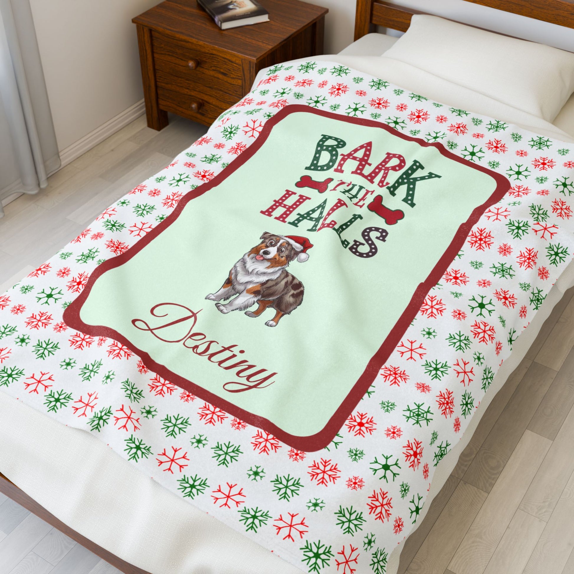 Australian Shepherd Red Merle personalized velveteen dog blanket Bark The Halls festive Christmas throw for Aussie lovers