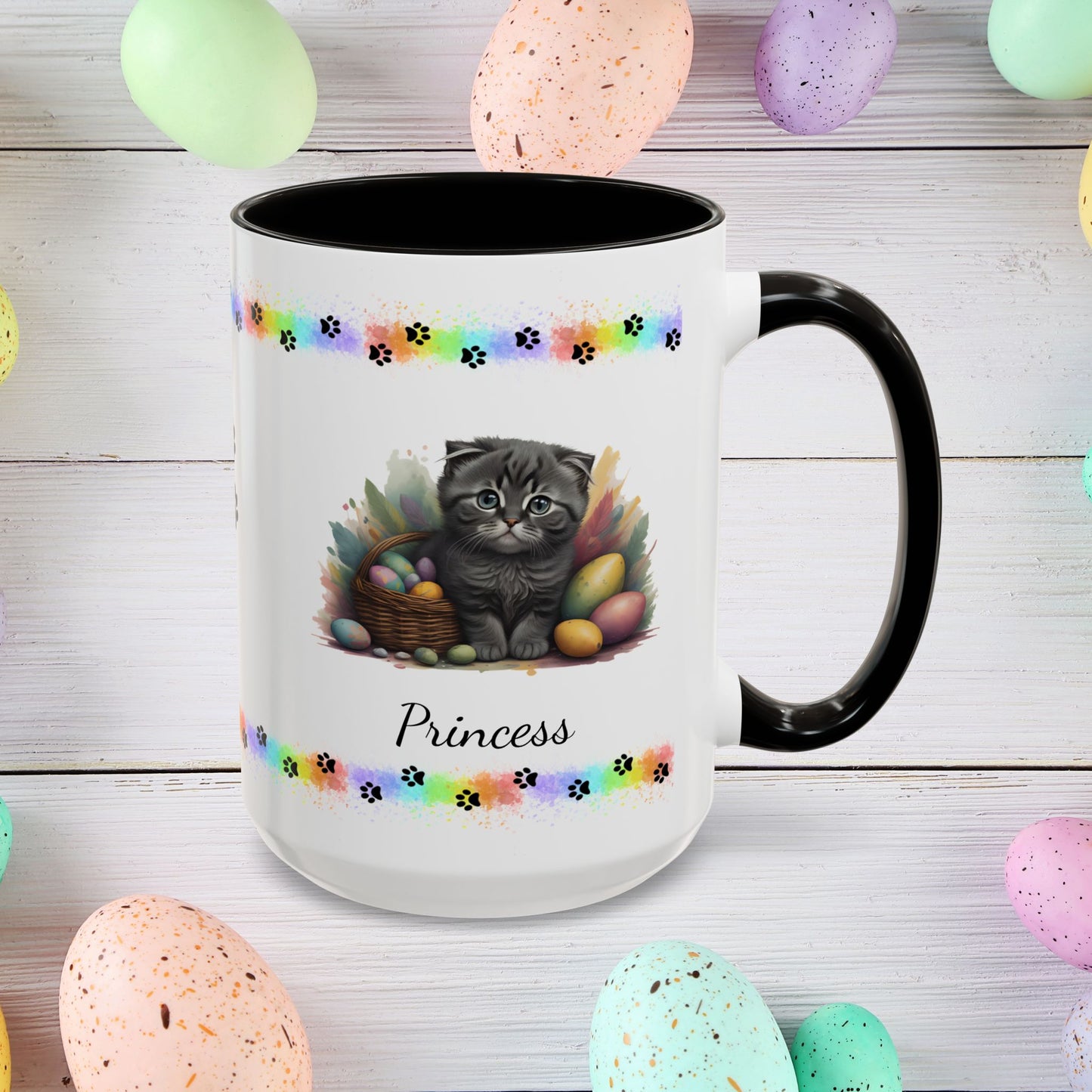 Scottish Fold Easter coffee mug, personalized kitten design, cute cat gift for mental health awareness