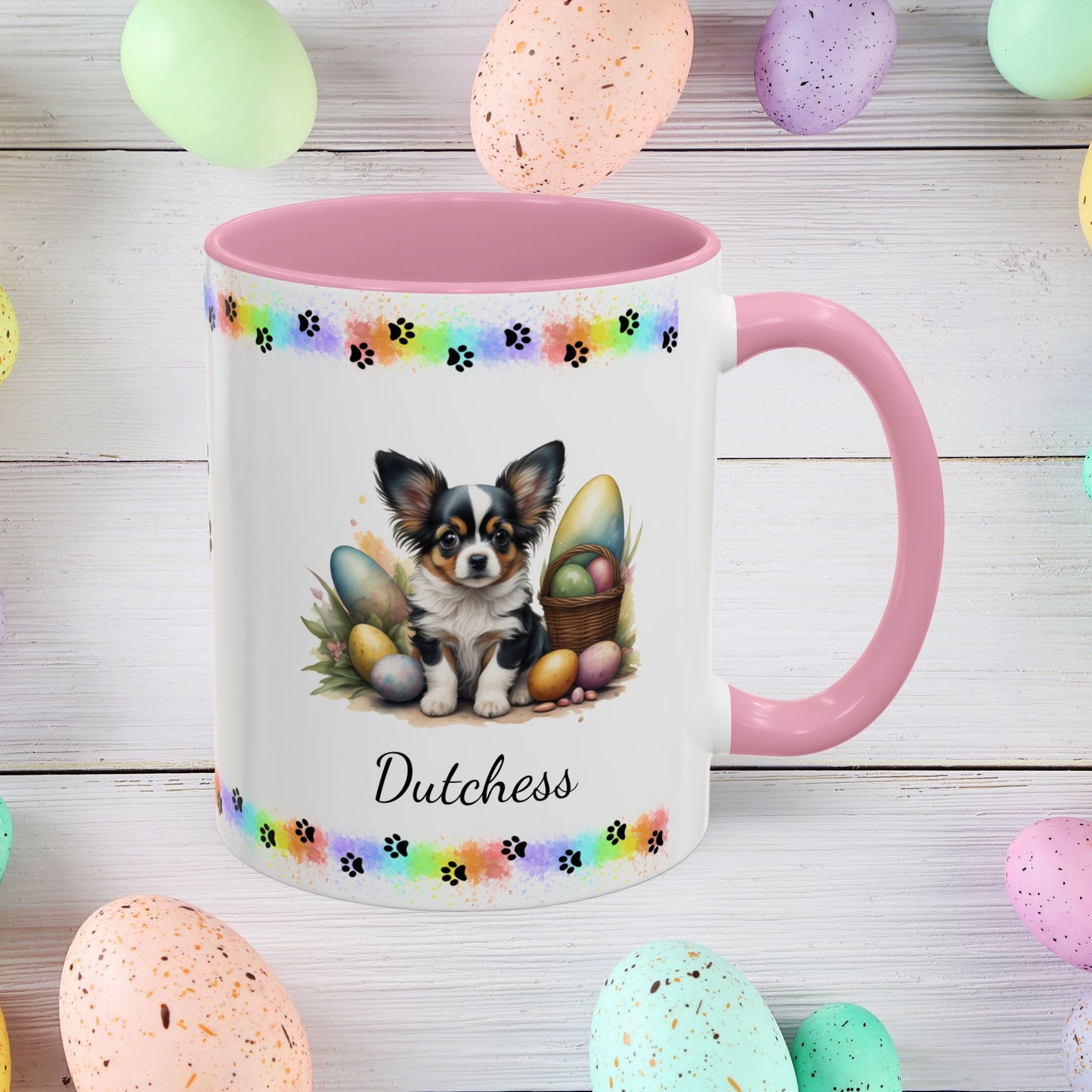 Papillon White, Black & Tan Easter puppy coffee mug, personalized cute dog coffee cup gift for mental health support