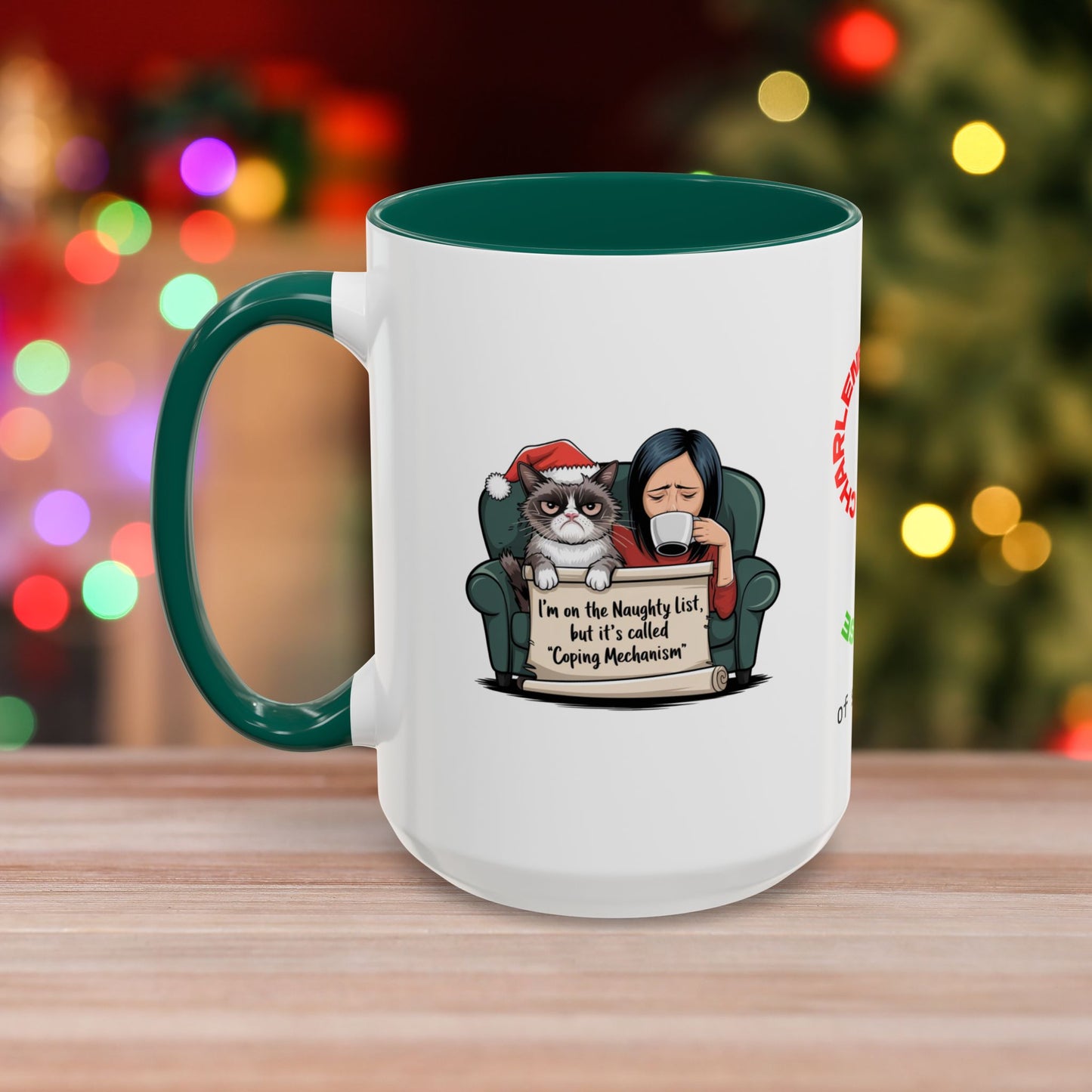 I'm On The Naughty List, But It's Called 'Coping Mechanism' - Christmas Mug with Female and Cat Design and Accent Color