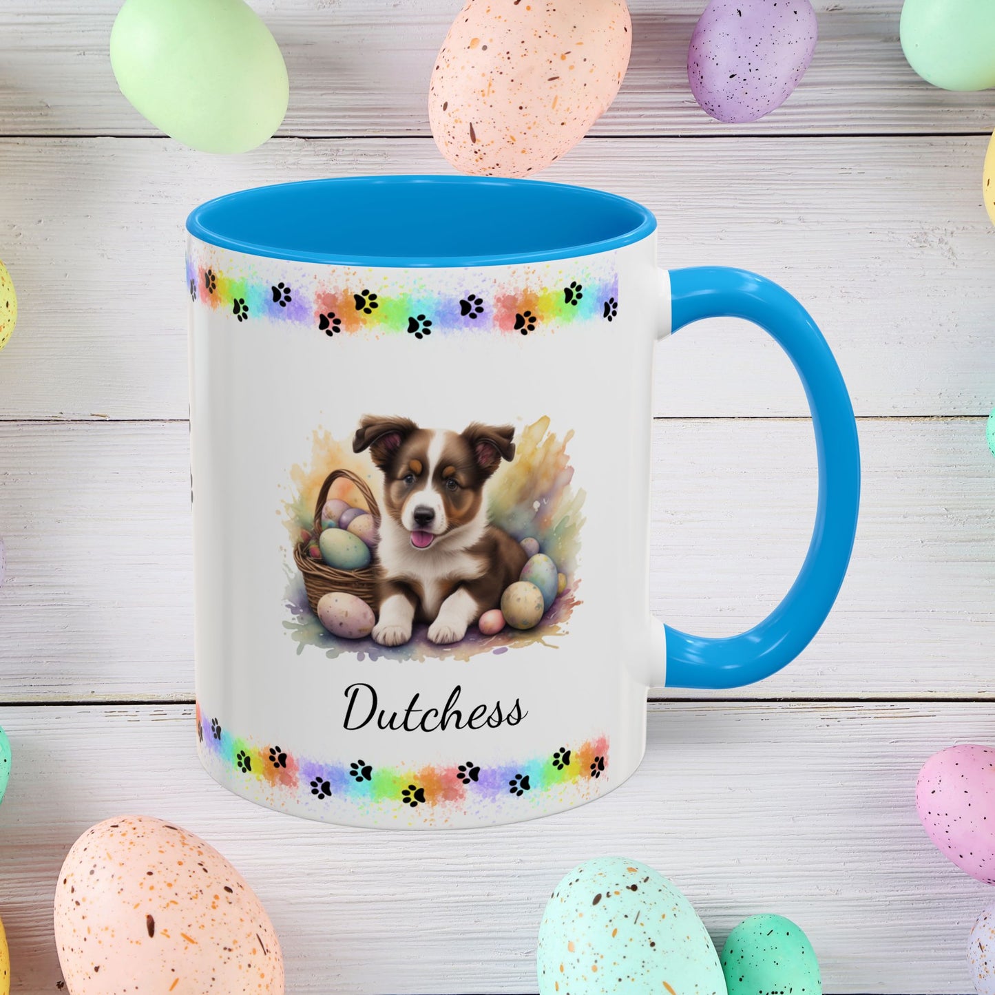Border Collie Brown & White personalized Easter puppy mug, cute dog coffee cup, mental health awareness gift