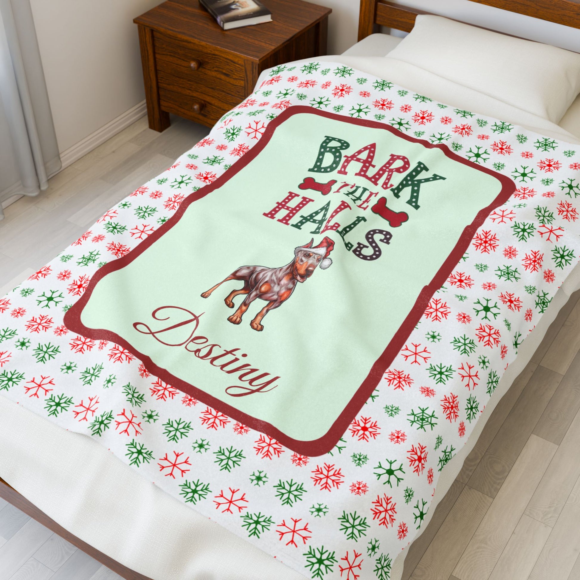 Doberman Pinscher Fawn Isabella and Rust velveteen holiday dog blanket Bark The Halls cozy Christmas throw