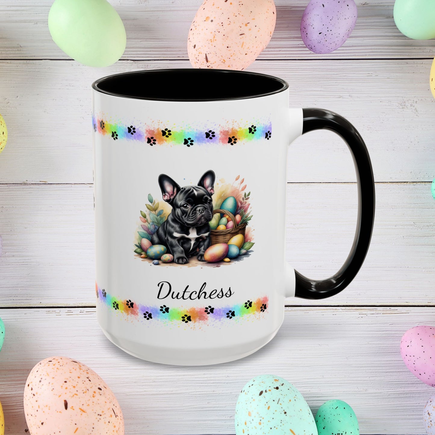 French Bulldog Black Easter puppy coffee mug, personalized cute dog gift for mental health awareness and cozy sipping