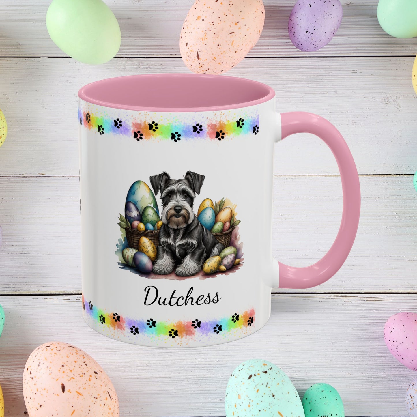 Gray Schnauzer Easter puppy coffee mug personalized for dog moms and dads, perfect for mental health awareness gifts.