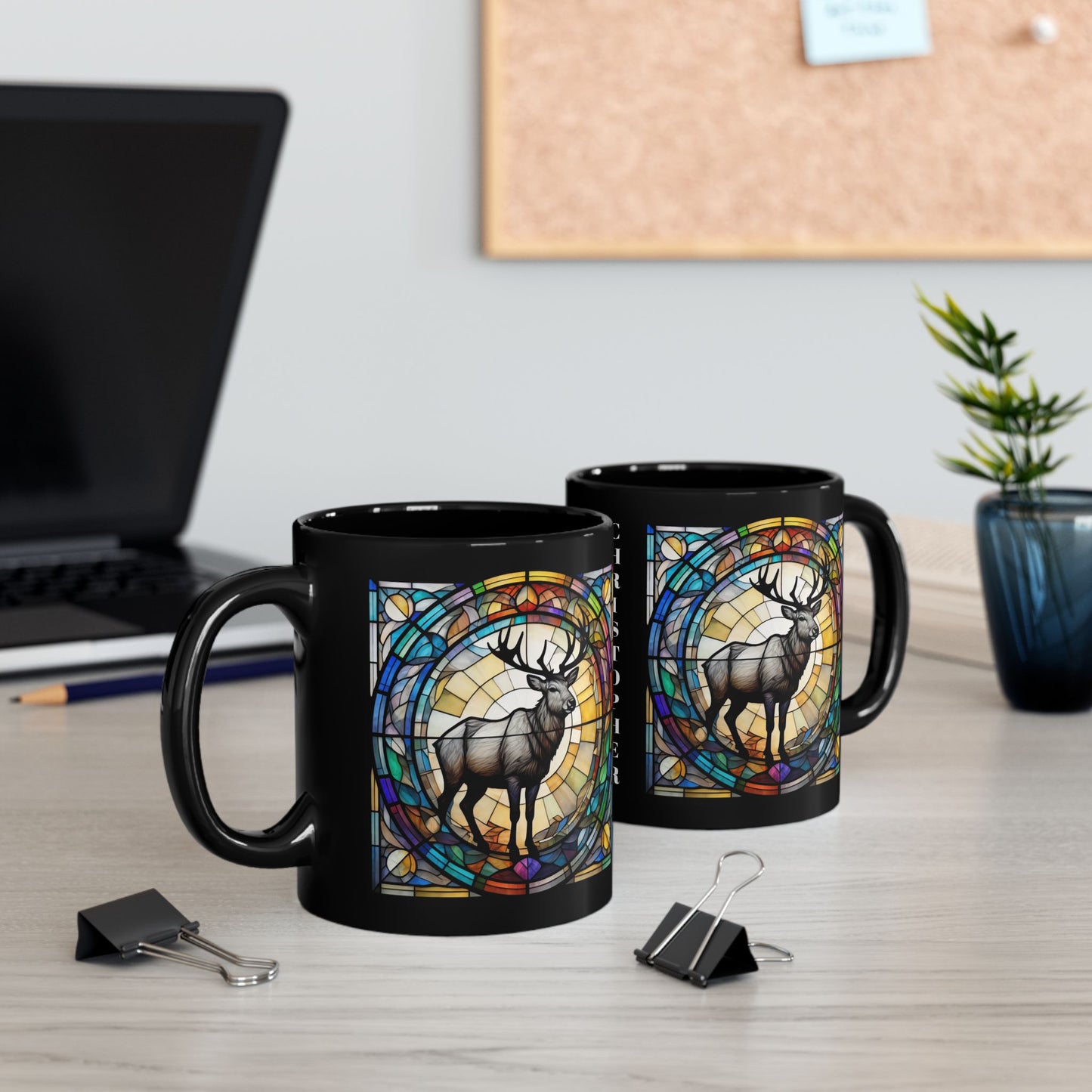 Reindeer personalized coffee mug, stained glass animal design, perfect holiday wildlife gift.