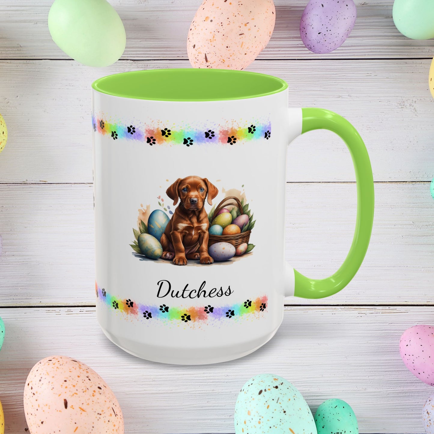 Vizsla Easter puppy coffee mug personalized adorable dog lover gift, great for mindful self-care and Easter gifting.