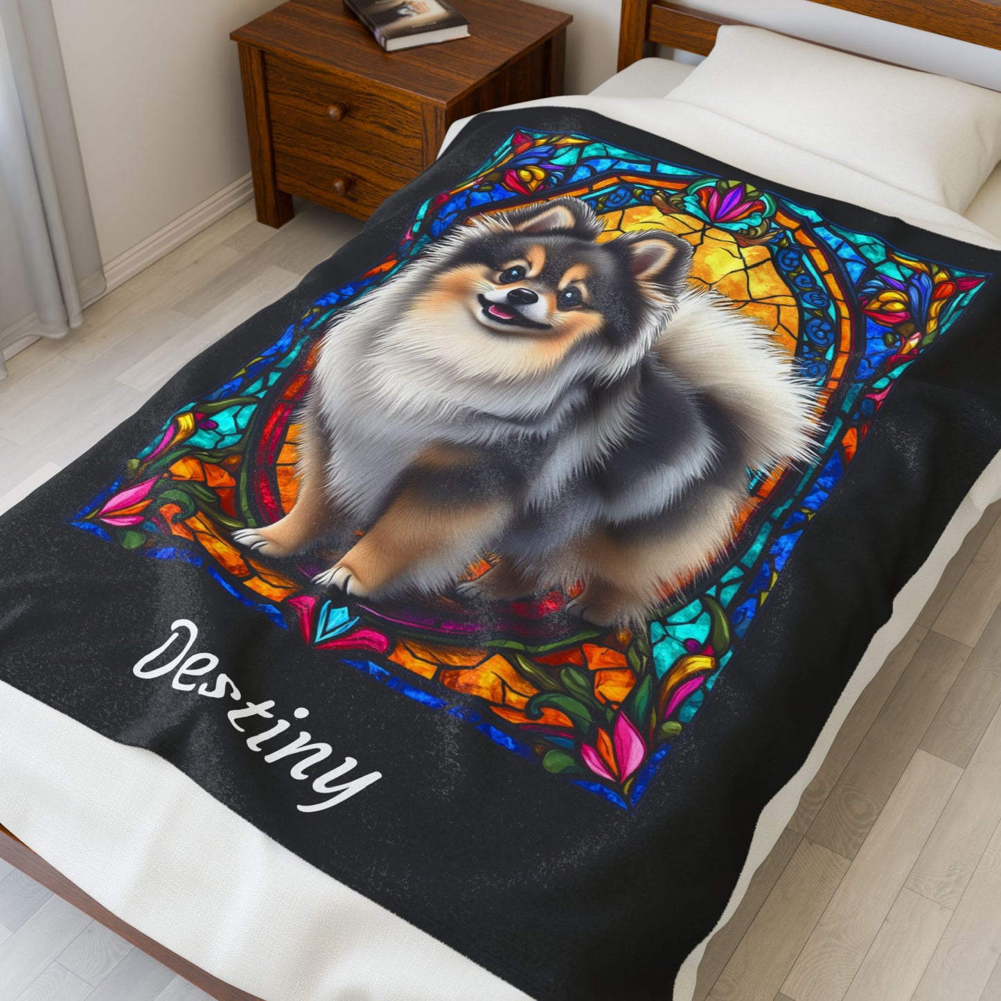Pomeranian Wolf Sable Coat Blanket, Velveteen Plush Stained Glass Dog Throw, Unique Dog Lover Gift